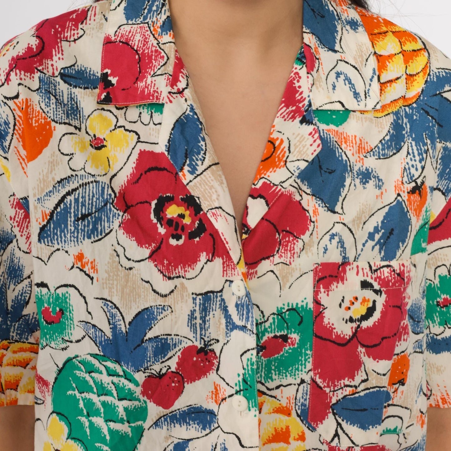90s Pineapple Floral Print Button Up Blouse Short Sleeve White Red Medium M