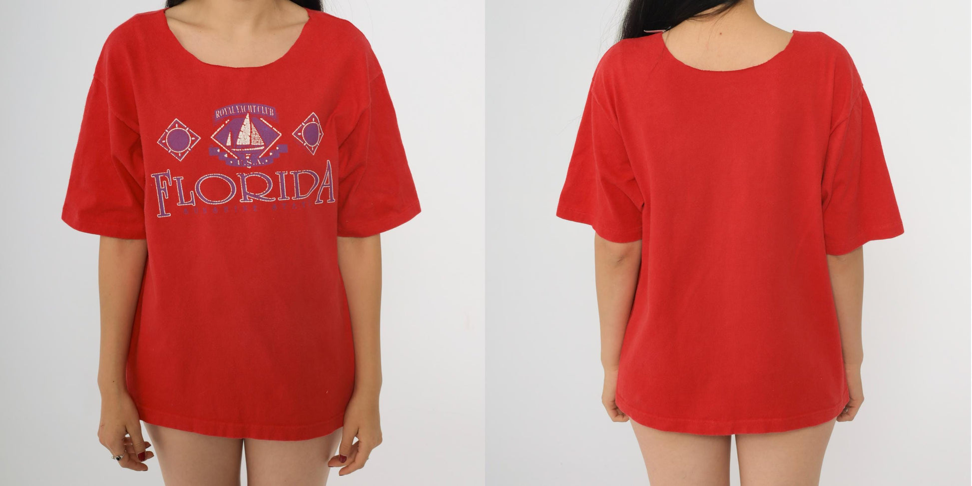 90s Florida Yacht Club Graphic Tee Red Cutoff Neckline Small S