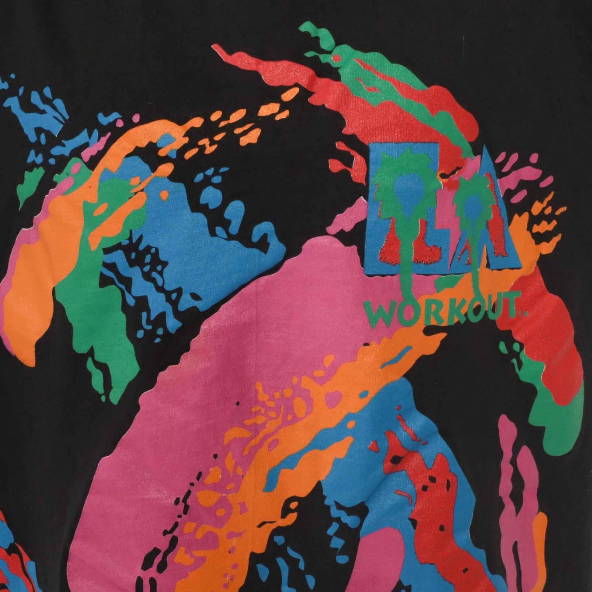 90s LA Workout T-Shirt Black Palm Tree Graphic Anvil Cotton Medium