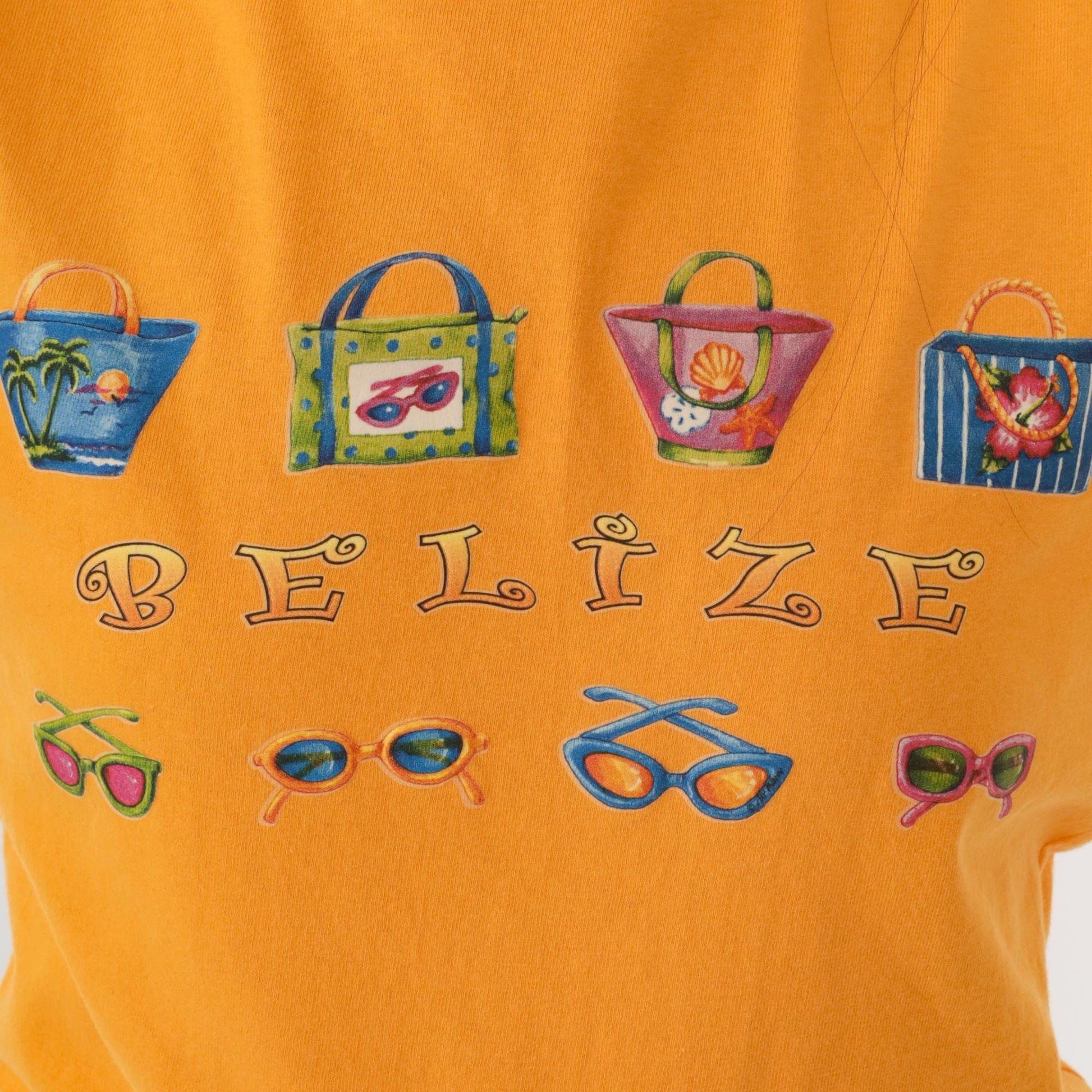 90s Belize Sunglasses Graphic T-Shirt Yellow Cotton Crewneck Extra Small