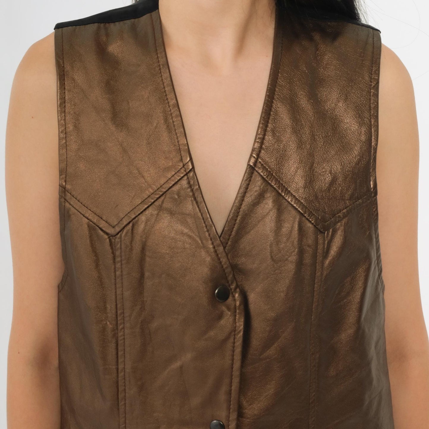 90s Metallic Copper Faux Leather Snap Vest Sleeveless Small S
