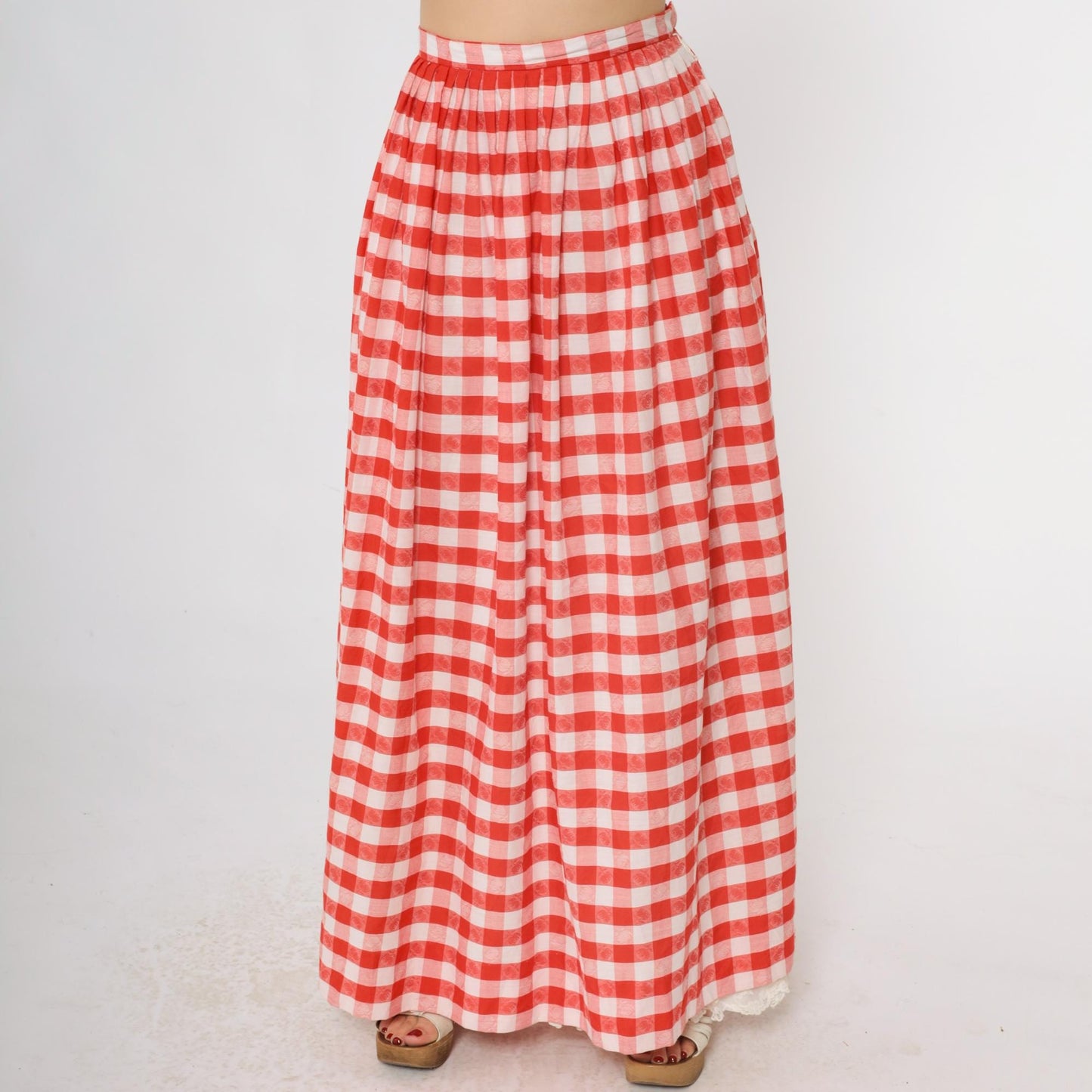 70s Red Gingham Maxi Skirt High Waist Lace Trim White Checkered Medium