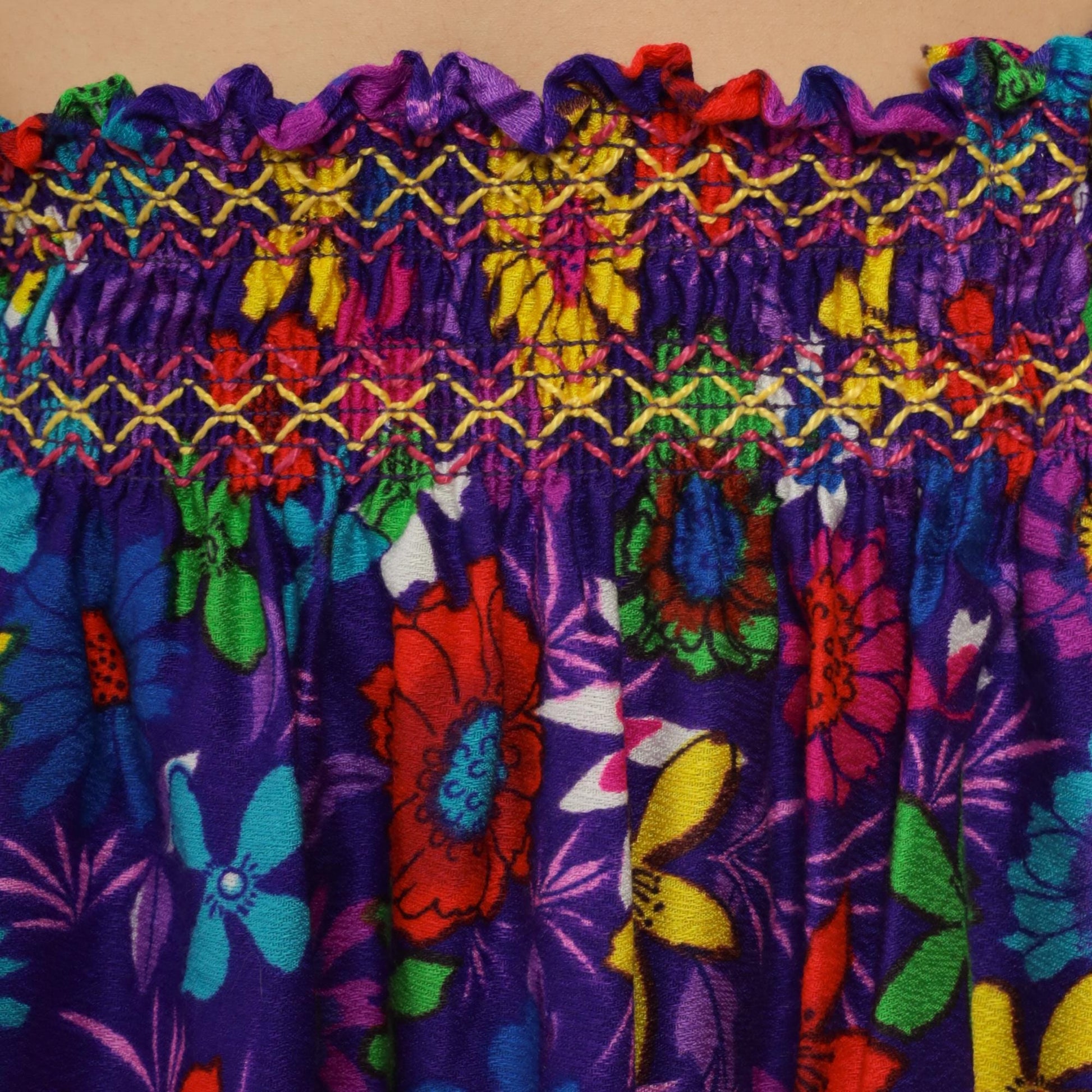 70s Rainbow Floral Maxi Skirt Purple High Slit Smocked Waist Small