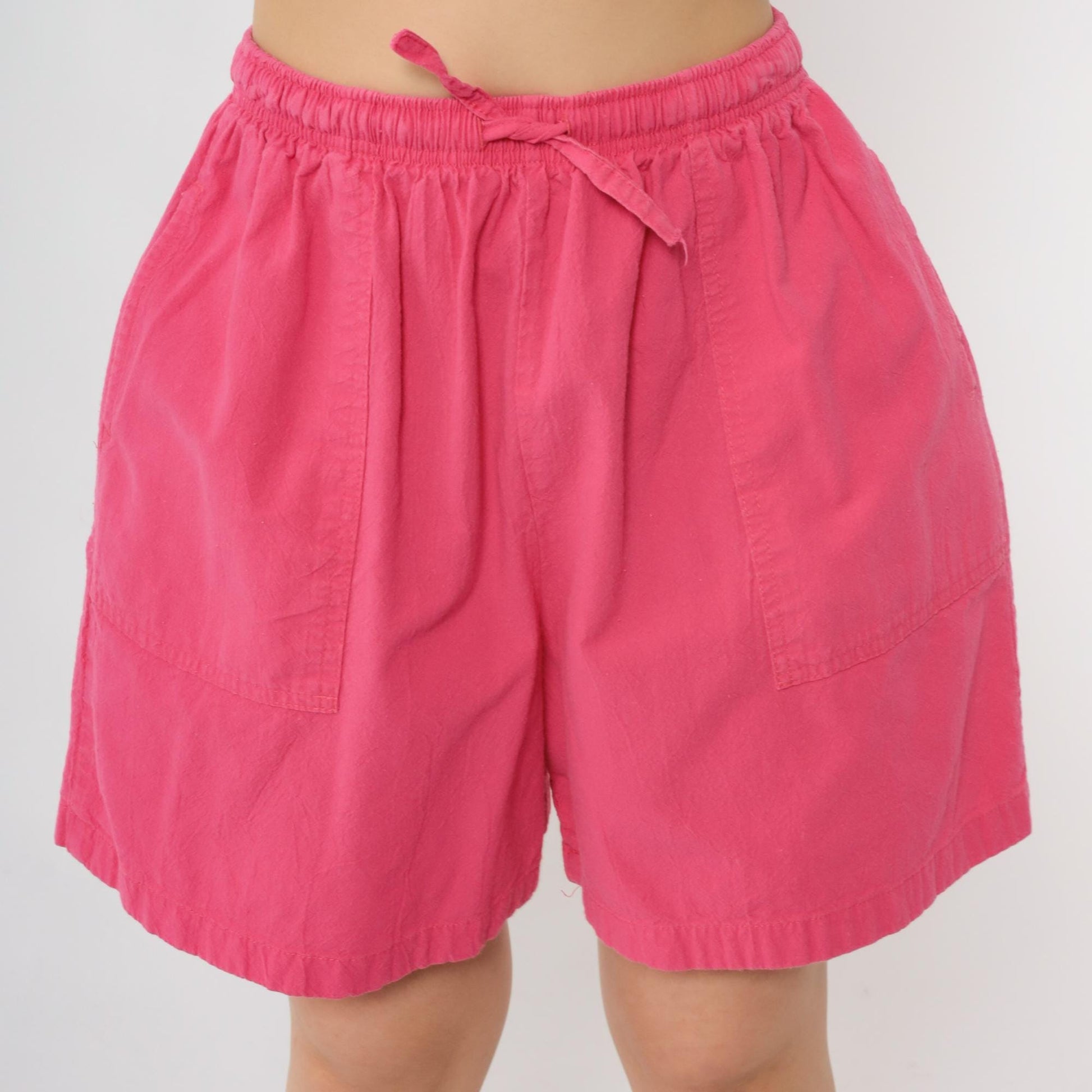 90s Bright Pink Elastic Waist Shorts Cotton High Rise Medium Large