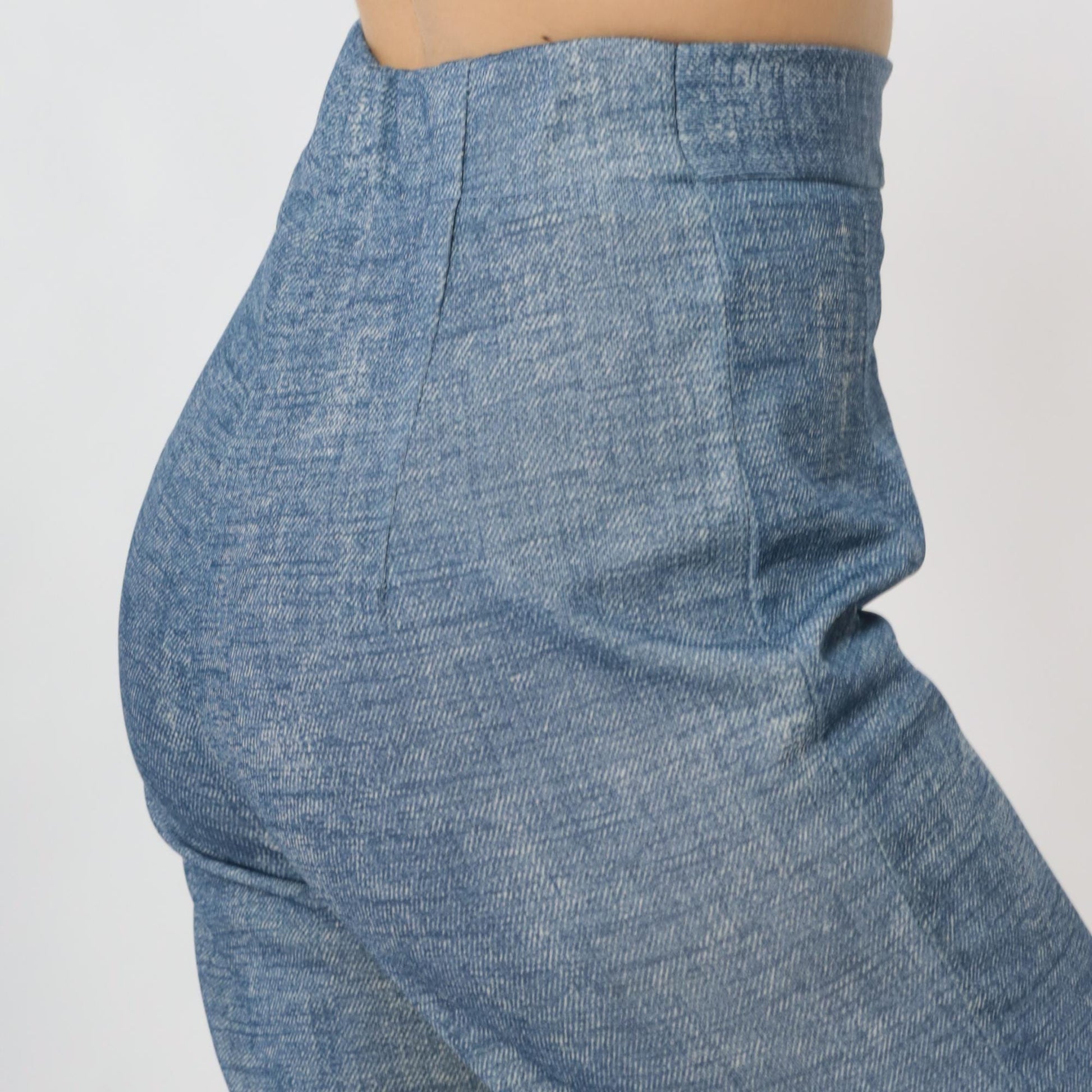 70s Blue Faux Denim Bell Bottom Trousers High Rise Elastic Waist Small