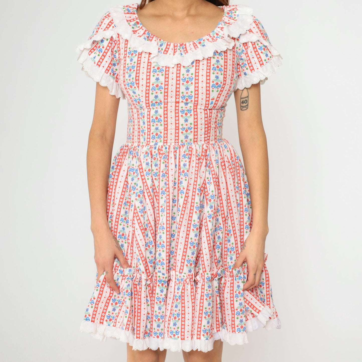 70s Floral Bird Print Prairie Dress White Mini Tiered Lace Small