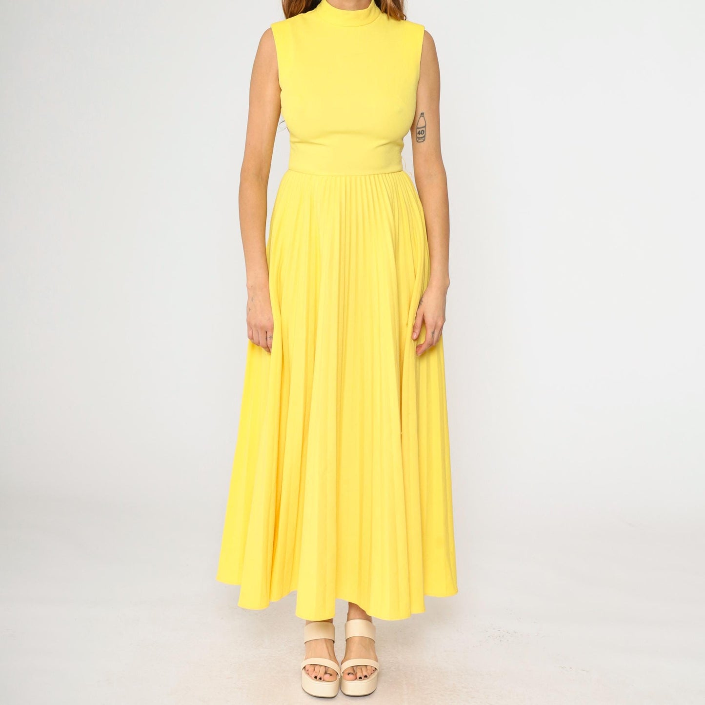 70s Yellow Pleated Maxi Dress Sleeveless High Waist Small S