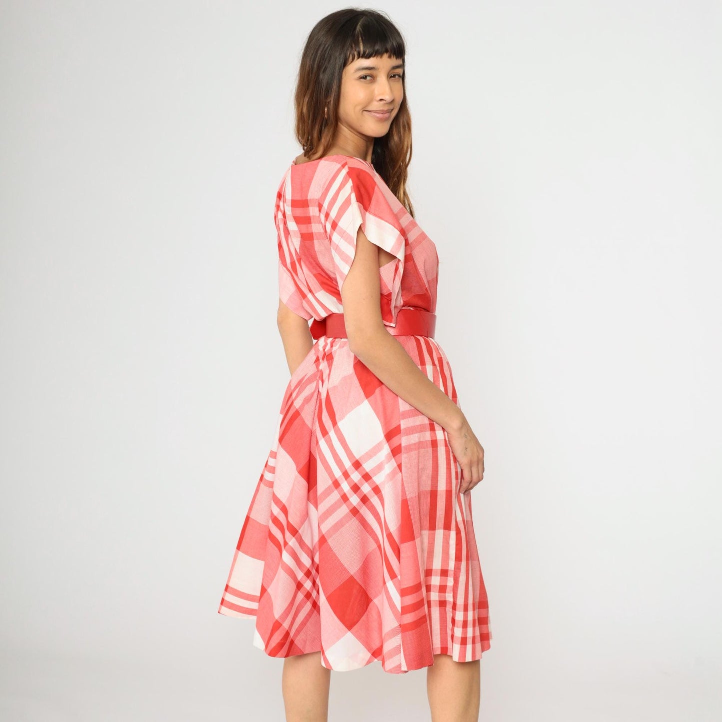 80s Red Plaid Midi Dress High Waisted Belted Cap Sleeve Medium M
