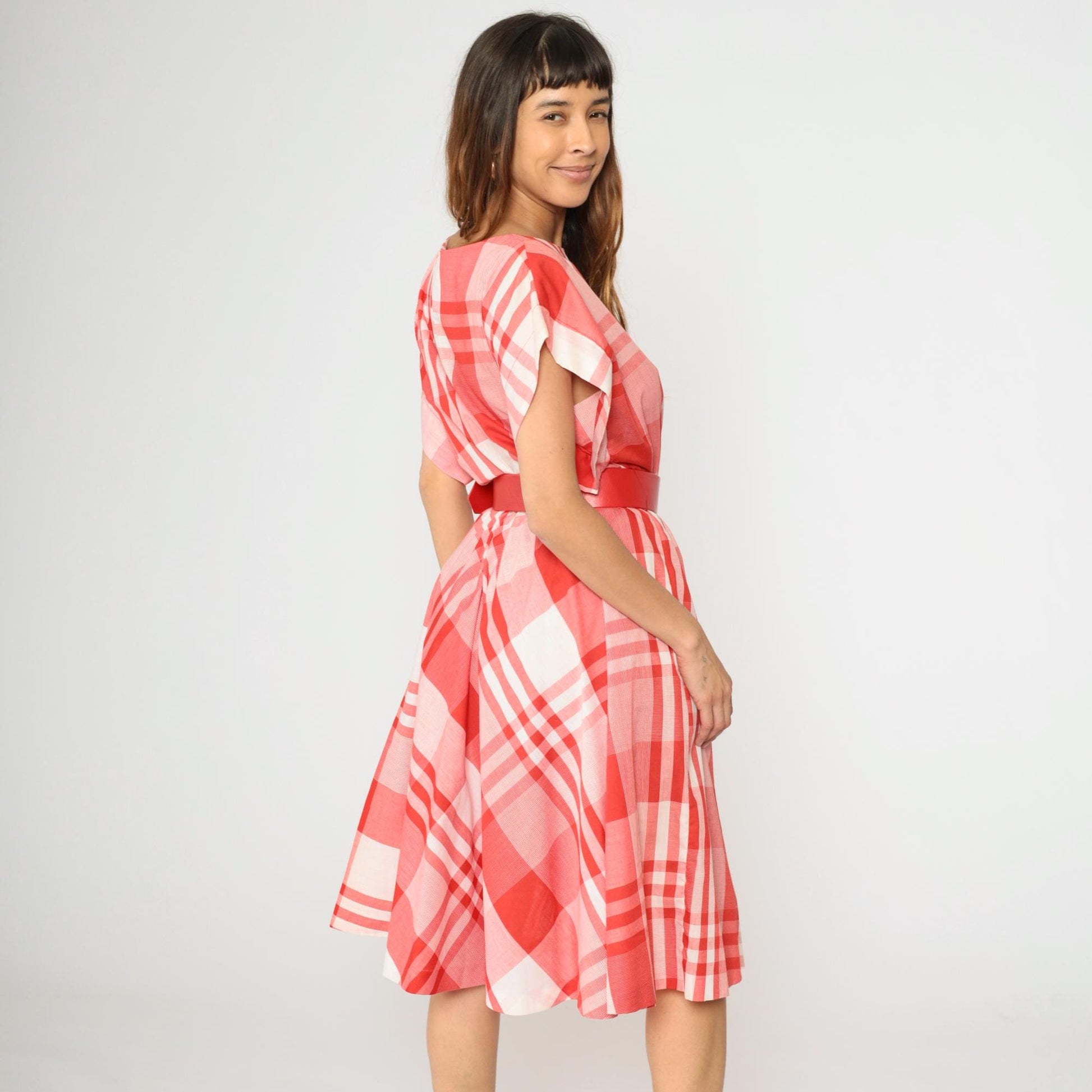 80s Red Plaid Midi Dress High Waisted Belted Cap Sleeve Medium M