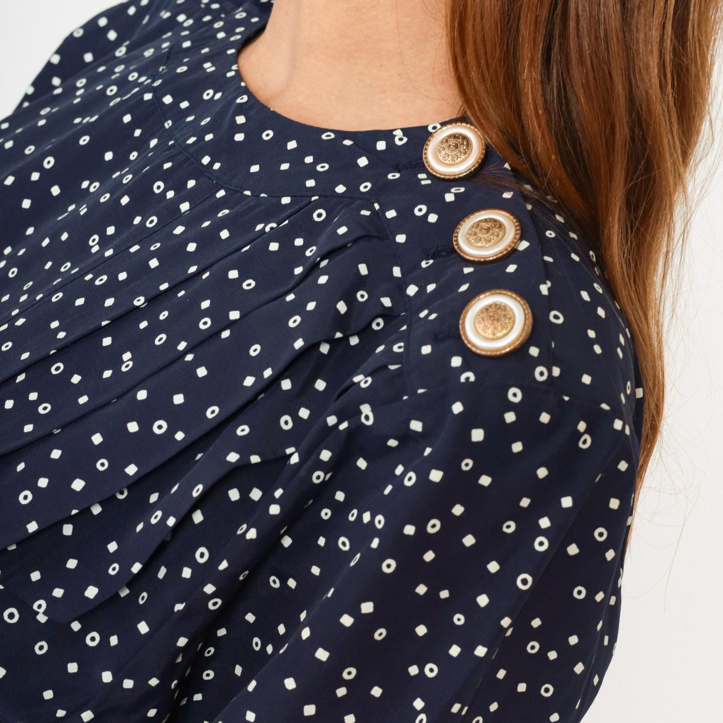 80s Navy Polka Dot Midi Dress Pleated Bodice High Waist Belted Small S
