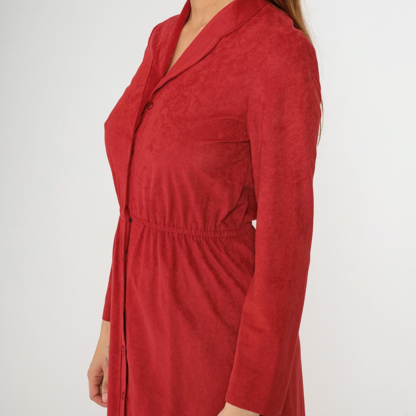 70s Red Velour Midi Shirtdress High Waist Button Front Long Sleeve Small