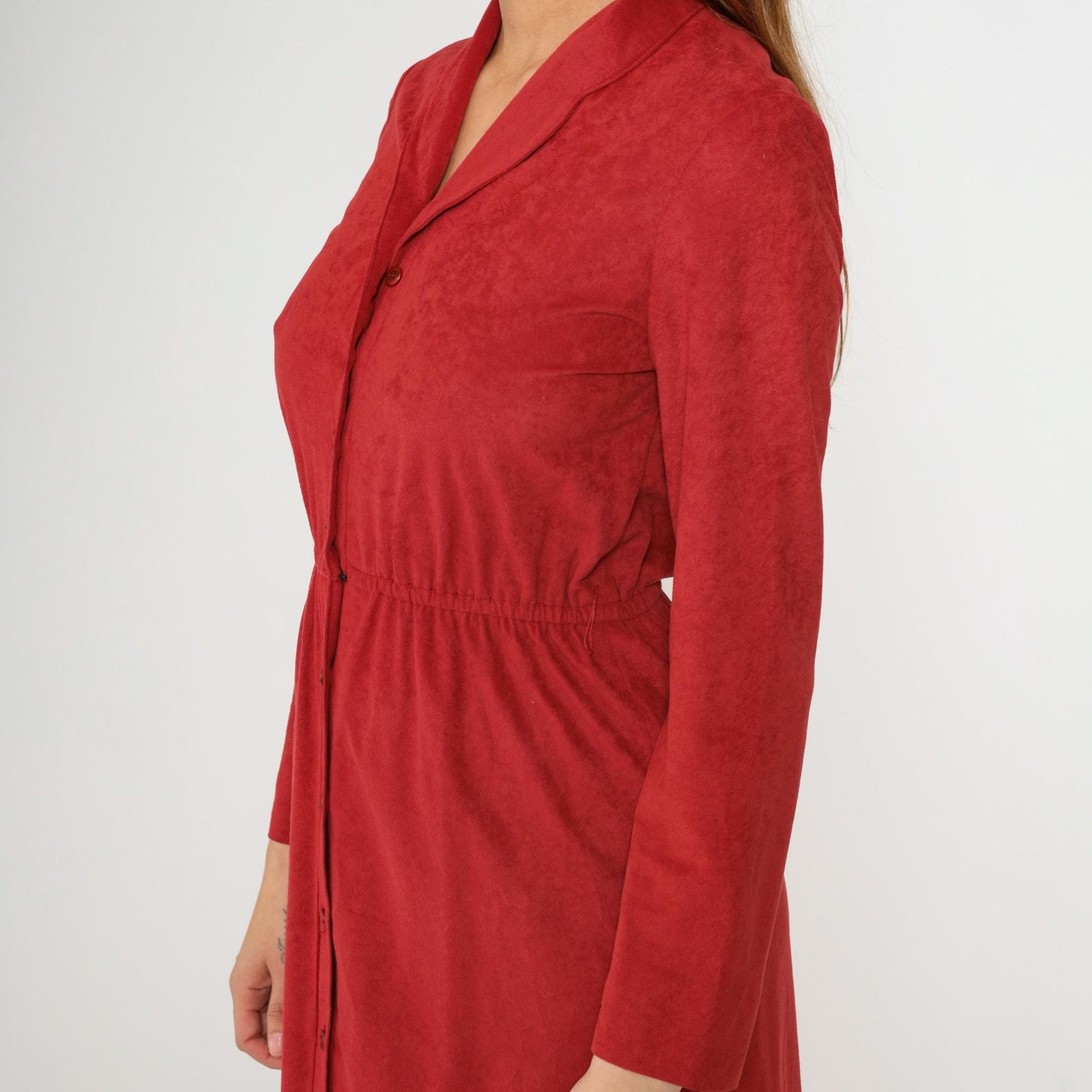 70s Red Velour Midi Shirtdress High Waist Button Front Long Sleeve Small