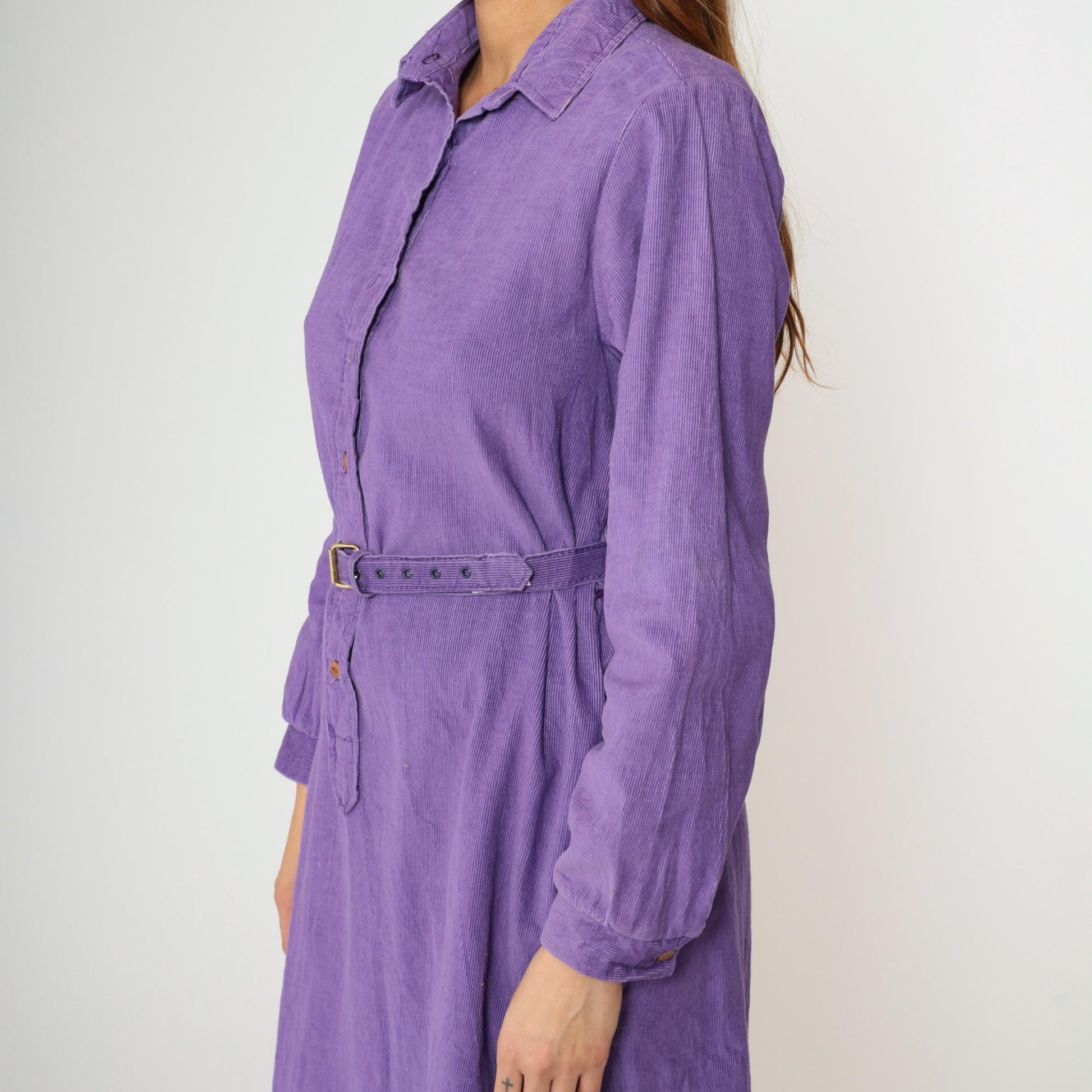 90s Purple Corduroy Midi Dress High Waisted Button Up Long Sleeve Medium M