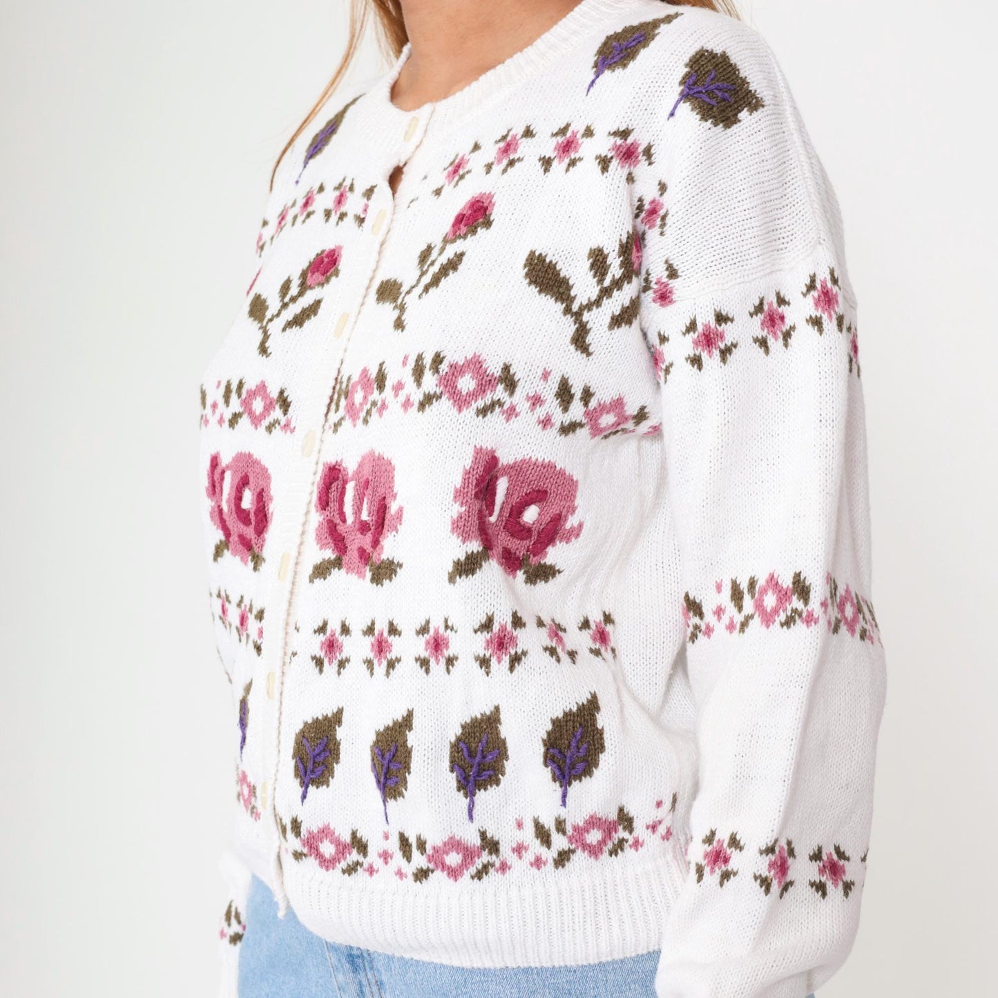 90s Ninon De Lendon Floral Cardigan White Cotton Ramie Knit Medium M
