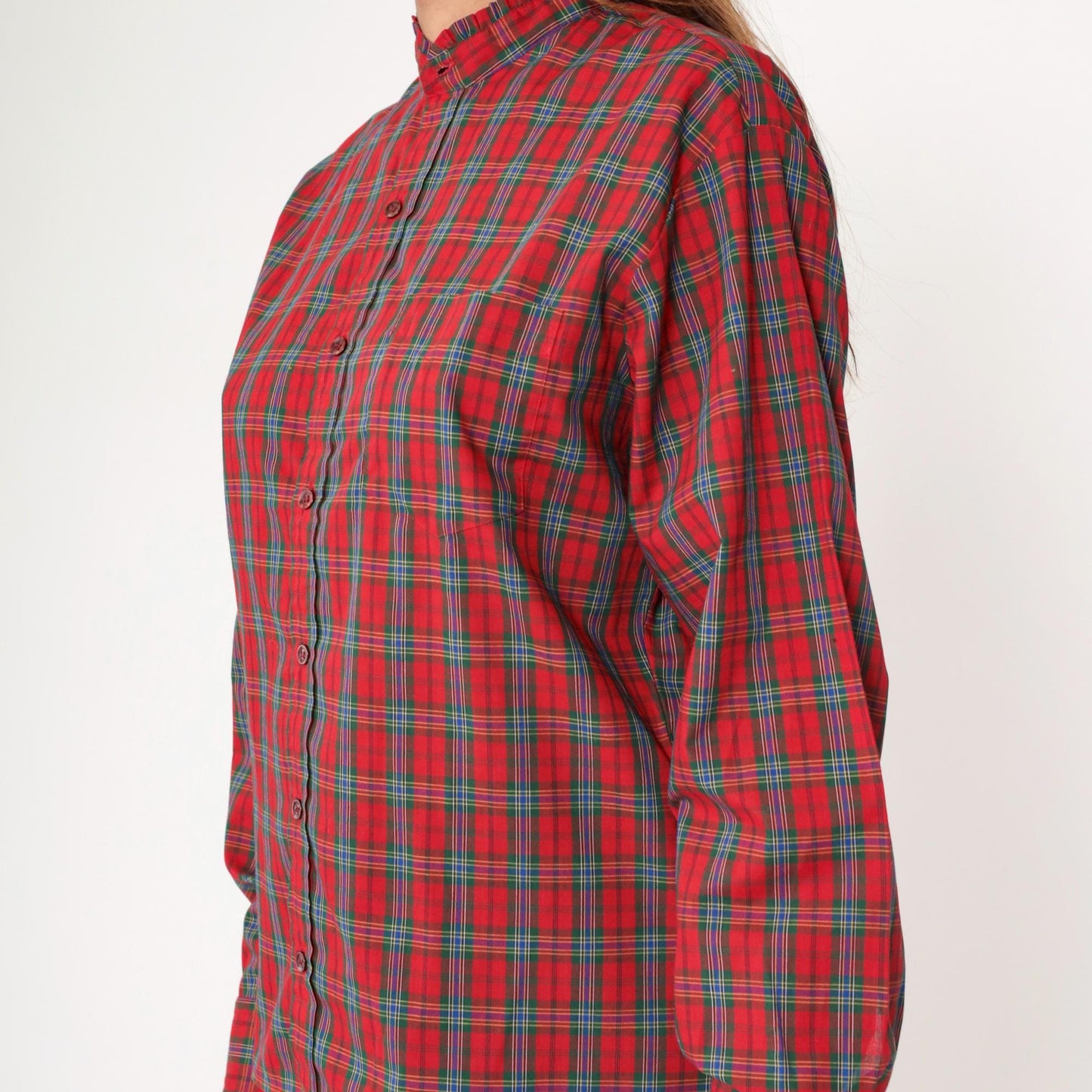 80s Red Plaid Button-Up Blouse Ruffled Collar Long Sleeve Medium M