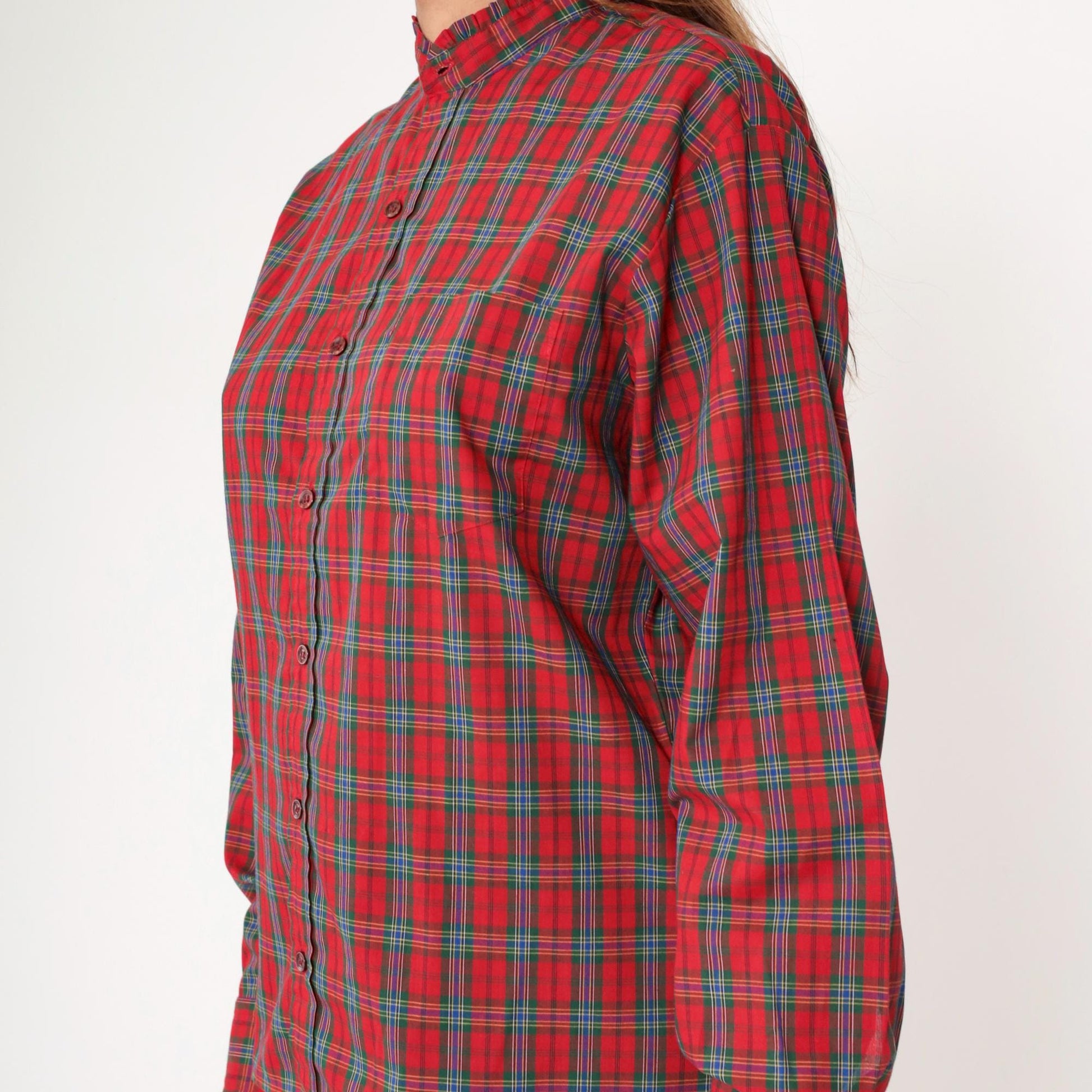 80s Red Plaid Button-Up Blouse Ruffled Collar Long Sleeve Medium M