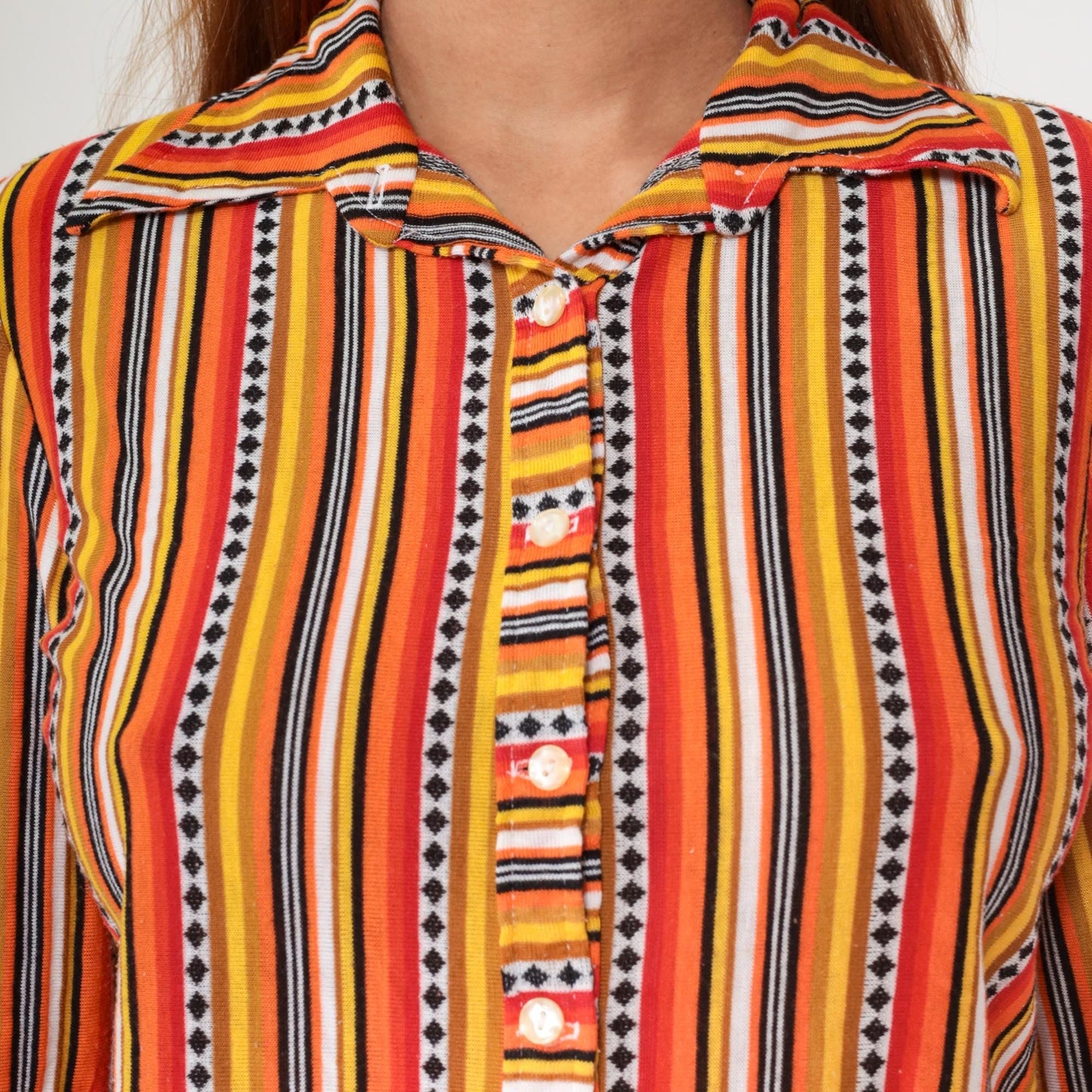 70s Orange Yellow Red Striped Button-Up Shirt Dagger Collar Long Sleeve Small