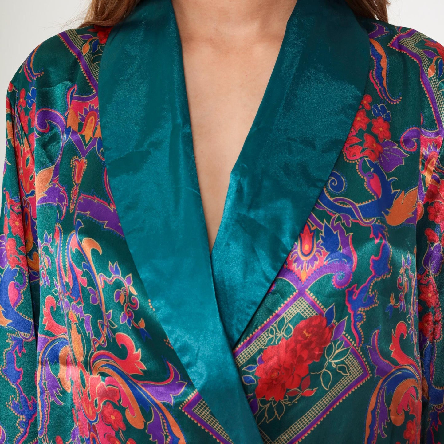90s Victoria's Secret Teal Satin Pajama Top Baroque Floral Double Breasted Medium