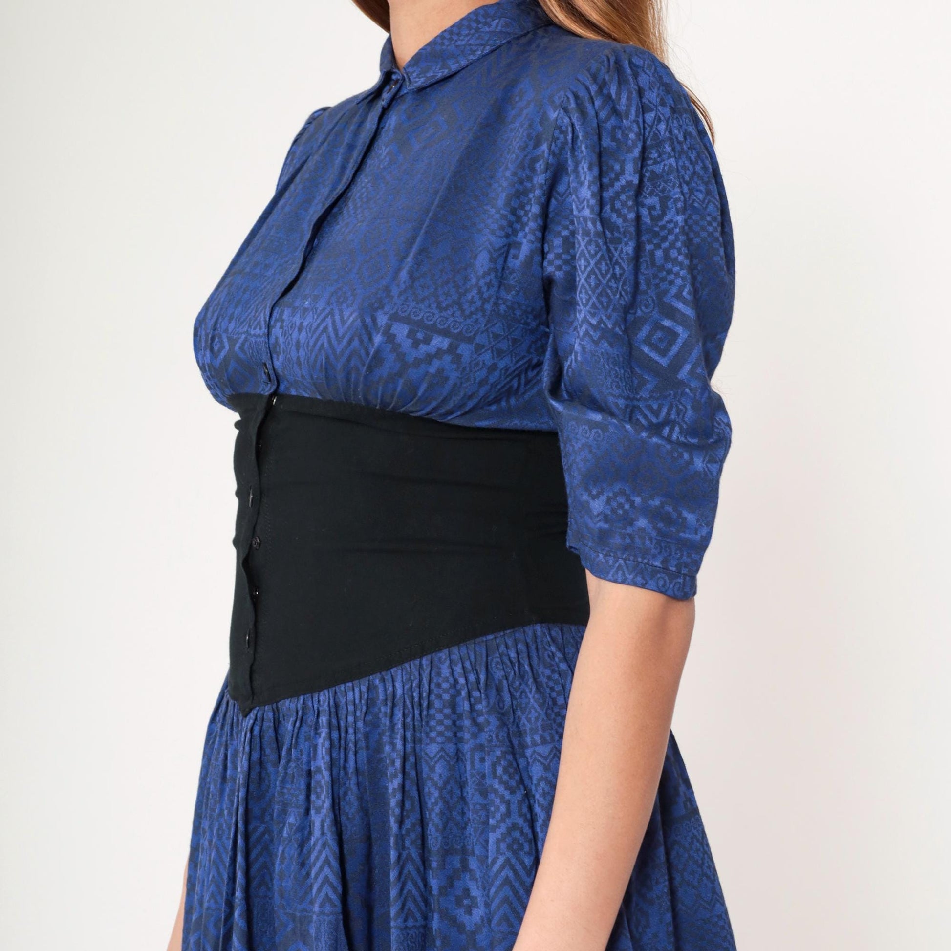 80s Lady Ann Blue Geometric Midi Dress Cinched Waist Puff Sleeve Small S