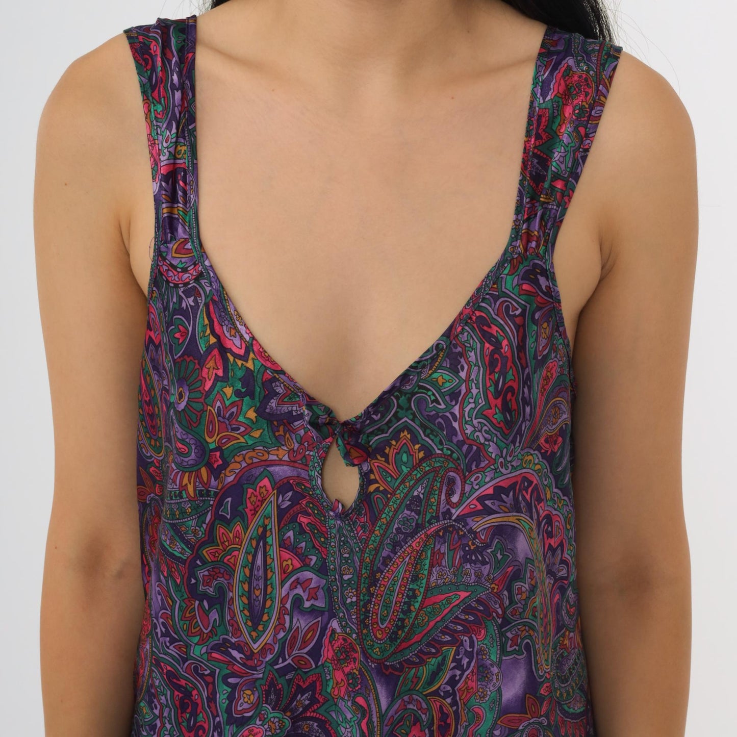 90s Purple Paisley Satin Slip Dress Keyhole V-Neck Mini Chemise Medium