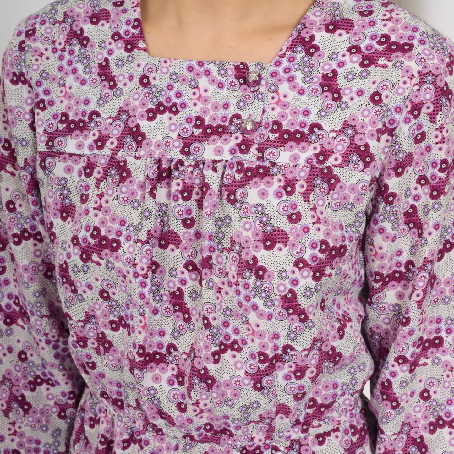 70s Purple Floral Abstract Mini Dress Long Sleeve High Waist Square Neck Small