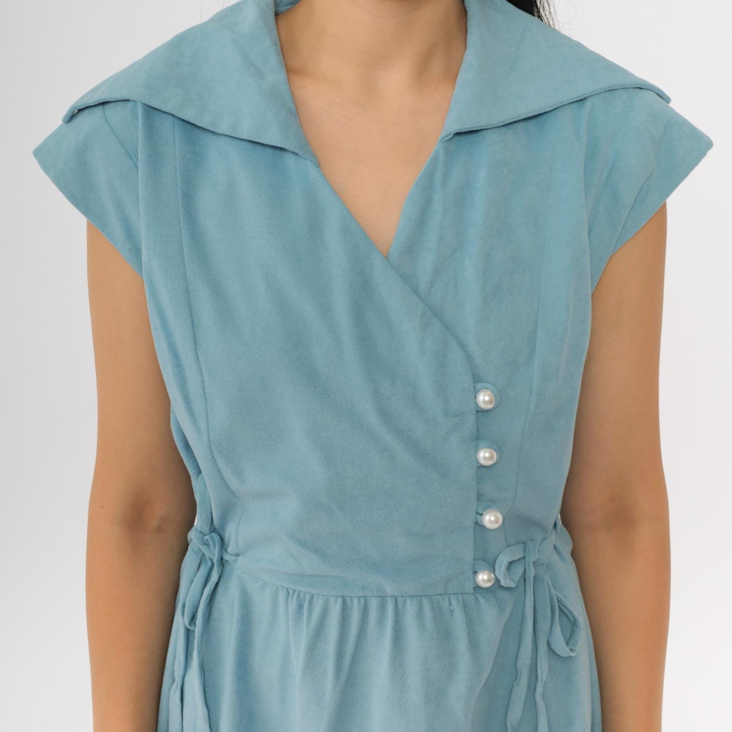 70s Blue Velour Mini Dress Asymmetrical Pearl Buttons Cap Sleeve Medium M