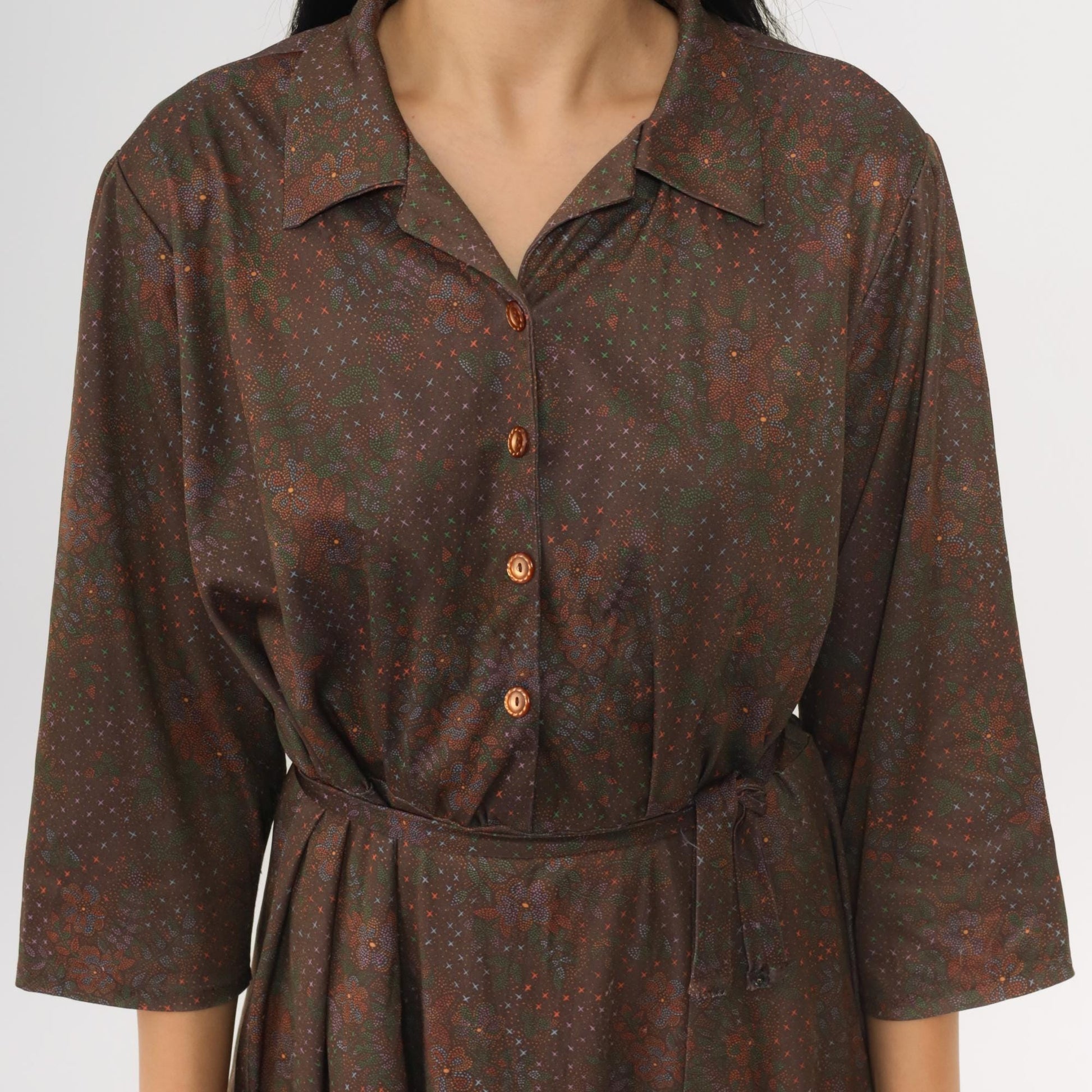70s Brown Floral Mini Shirtdress Button-Up 3/4 Sleeve High Waist Extra Large