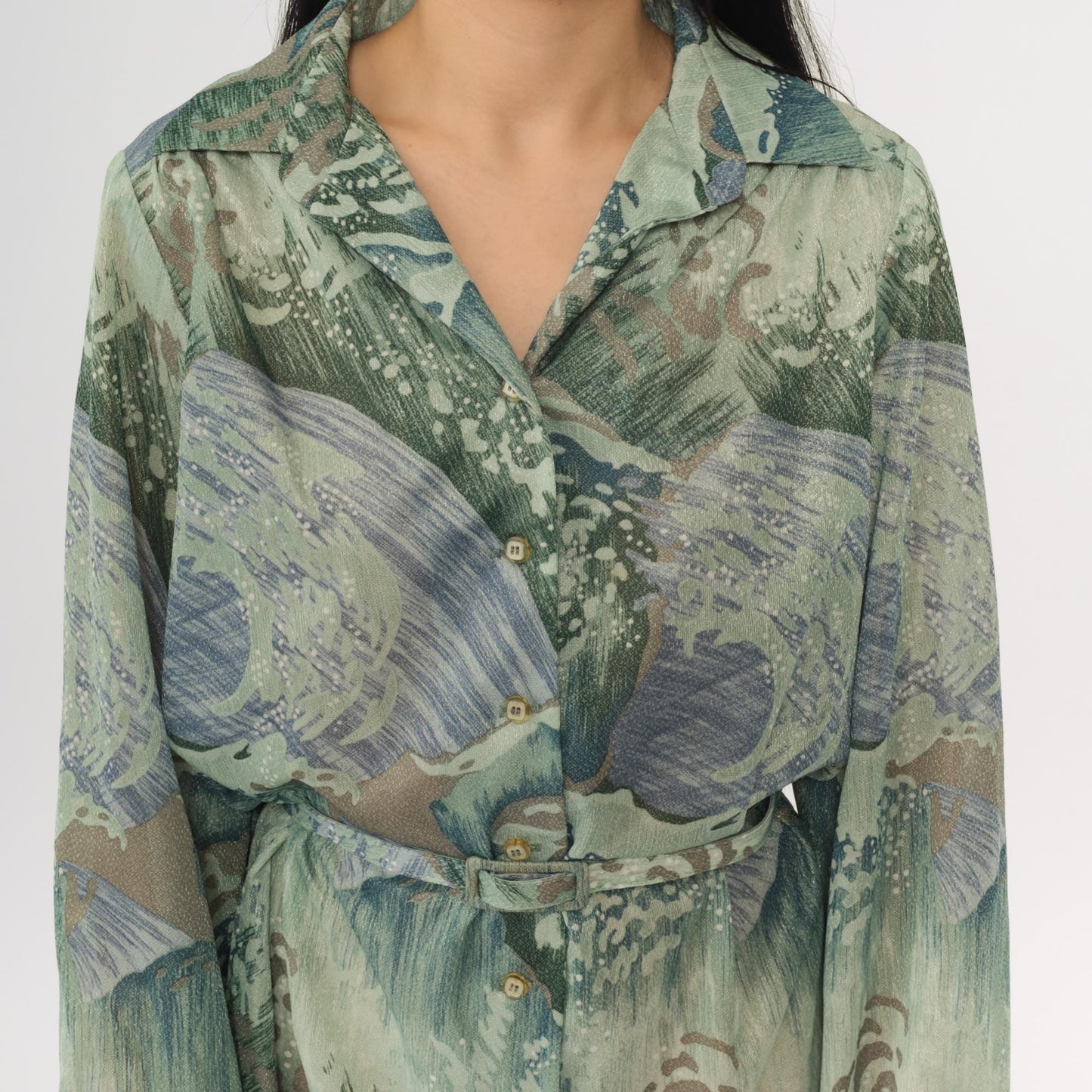 70s Abstract Wave Print Mini Shift Dress Button Up Long Sleeve Green Blue Medium M