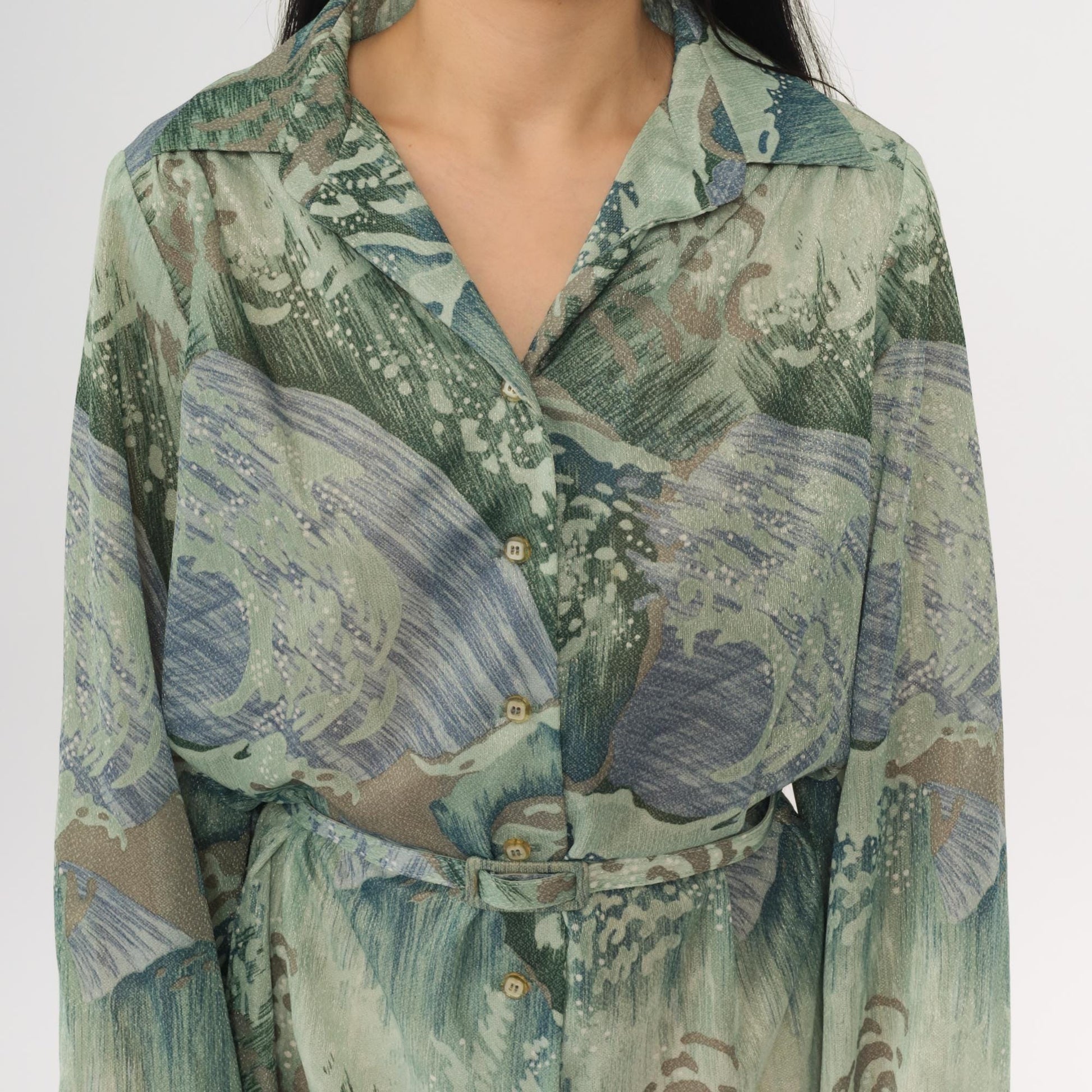 70s Abstract Wave Print Mini Shift Dress Button Up Long Sleeve Green Blue Medium M
