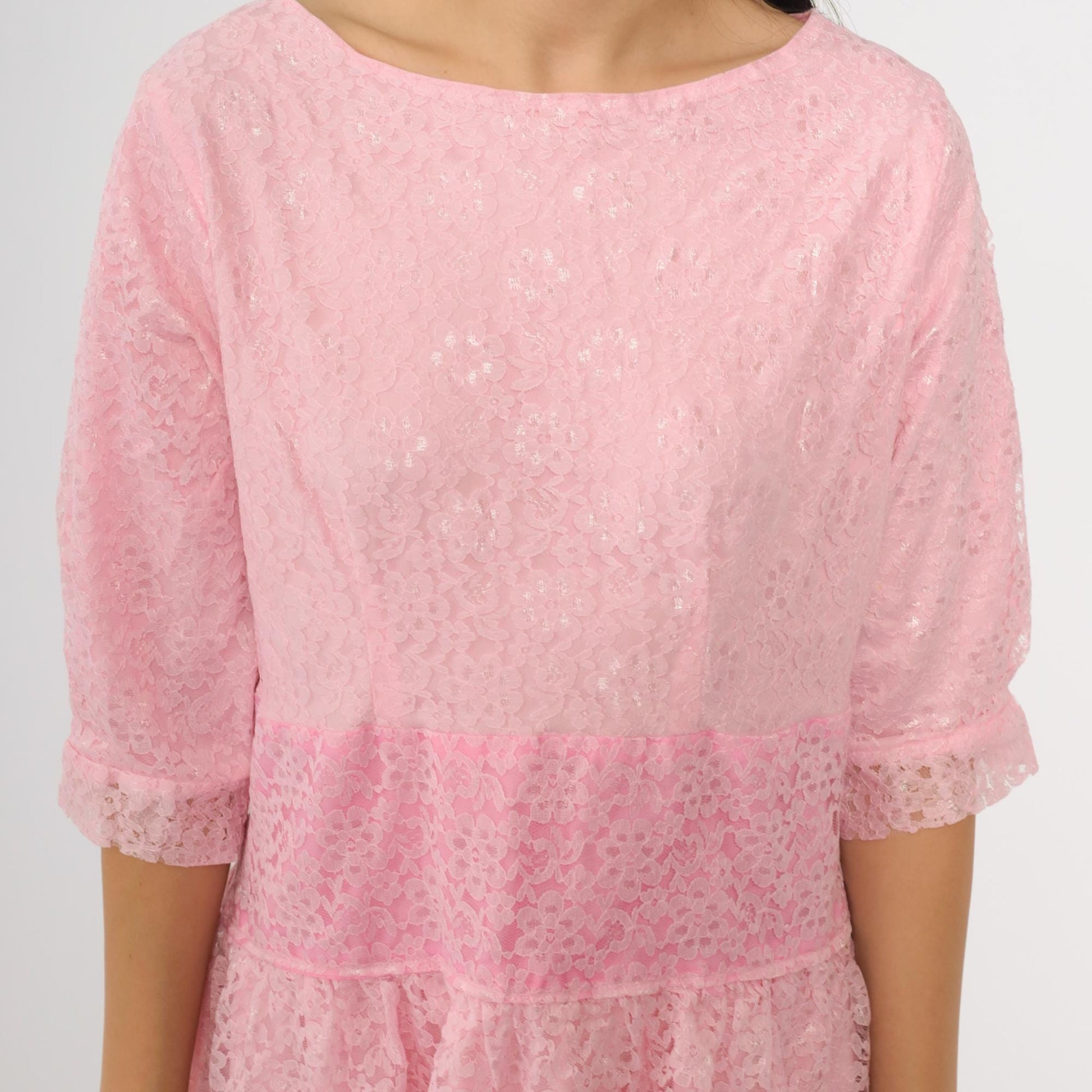 80s Baby Pink Lace Mini Dress Drop Waist Half Sleeve Gathered Skirt Medium M
