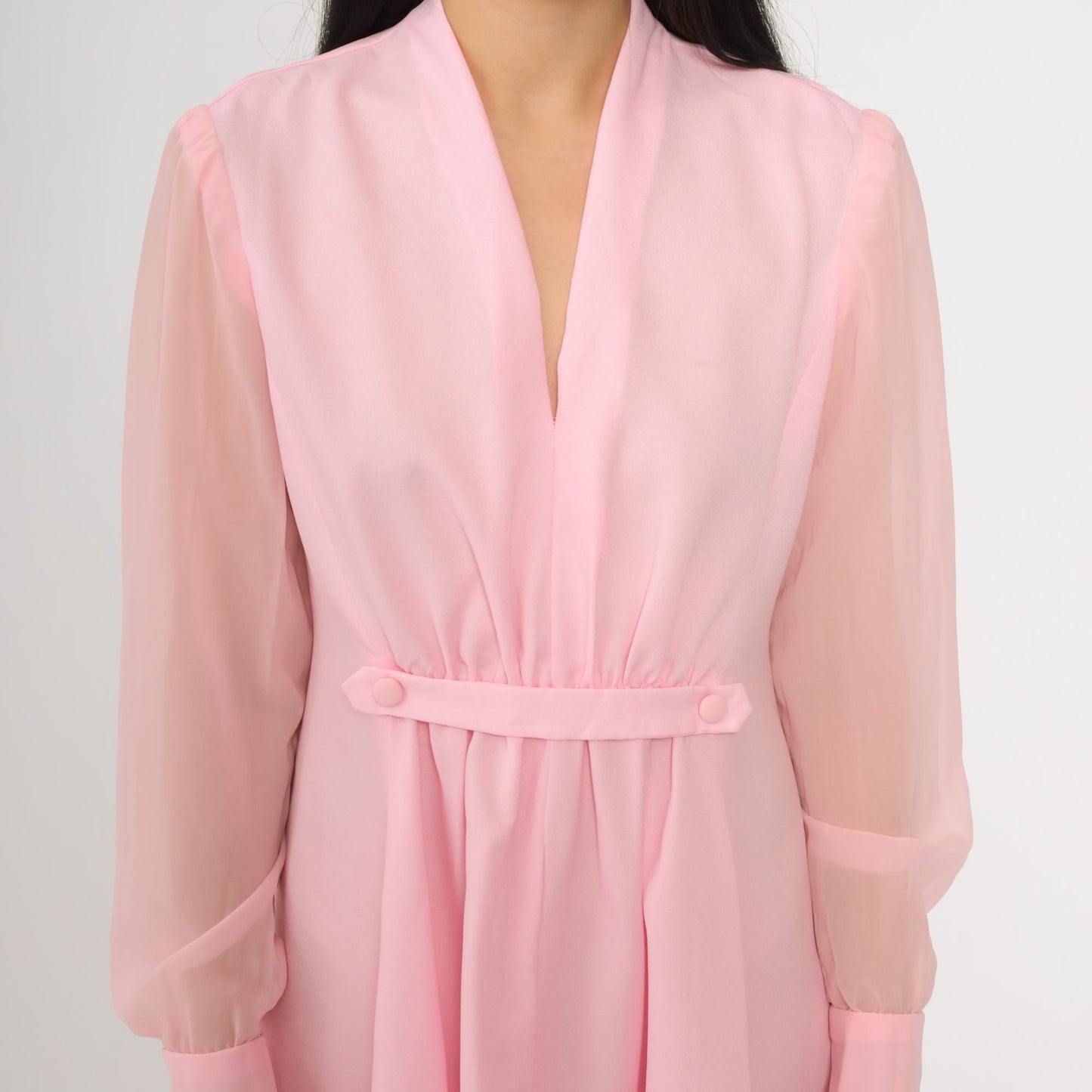 70s Pink Mini Dress V-Neck Sheer Chiffon Sleeve High Waist Gathered Medium