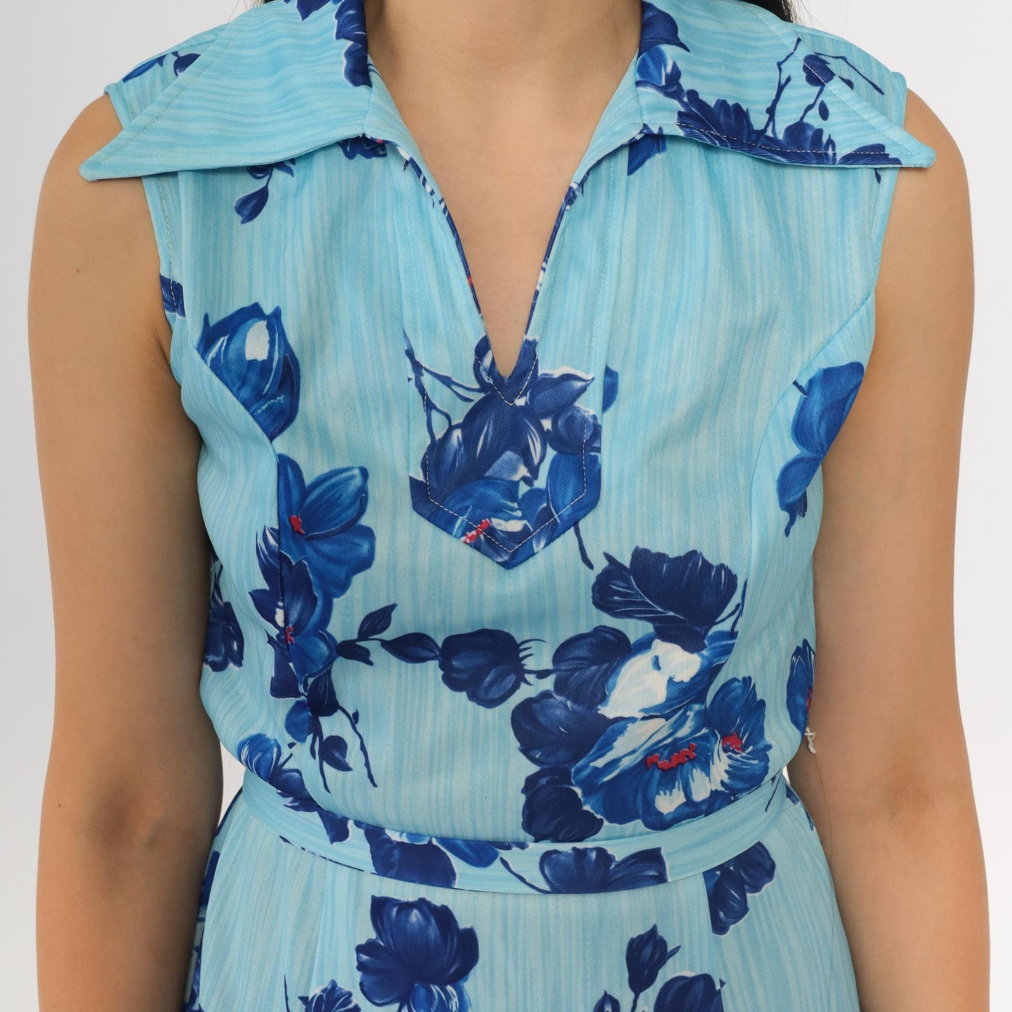 70s Mod Floral Mini Dress Two-Tone Blue A-Line Shift Sleeveless Small