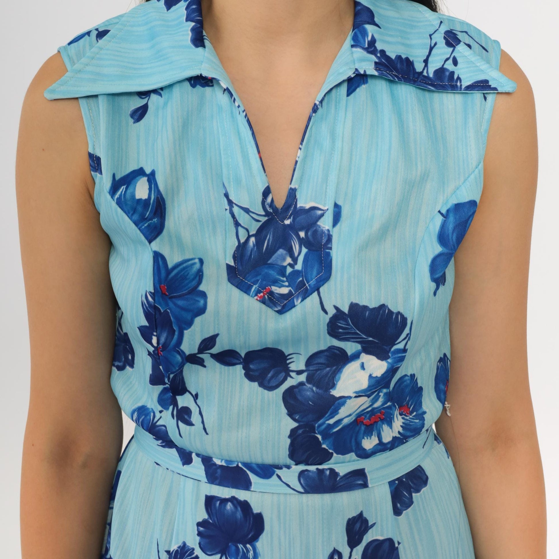 70s Mod Floral Mini Dress Two-Tone Blue A-Line Shift Sleeveless Small
