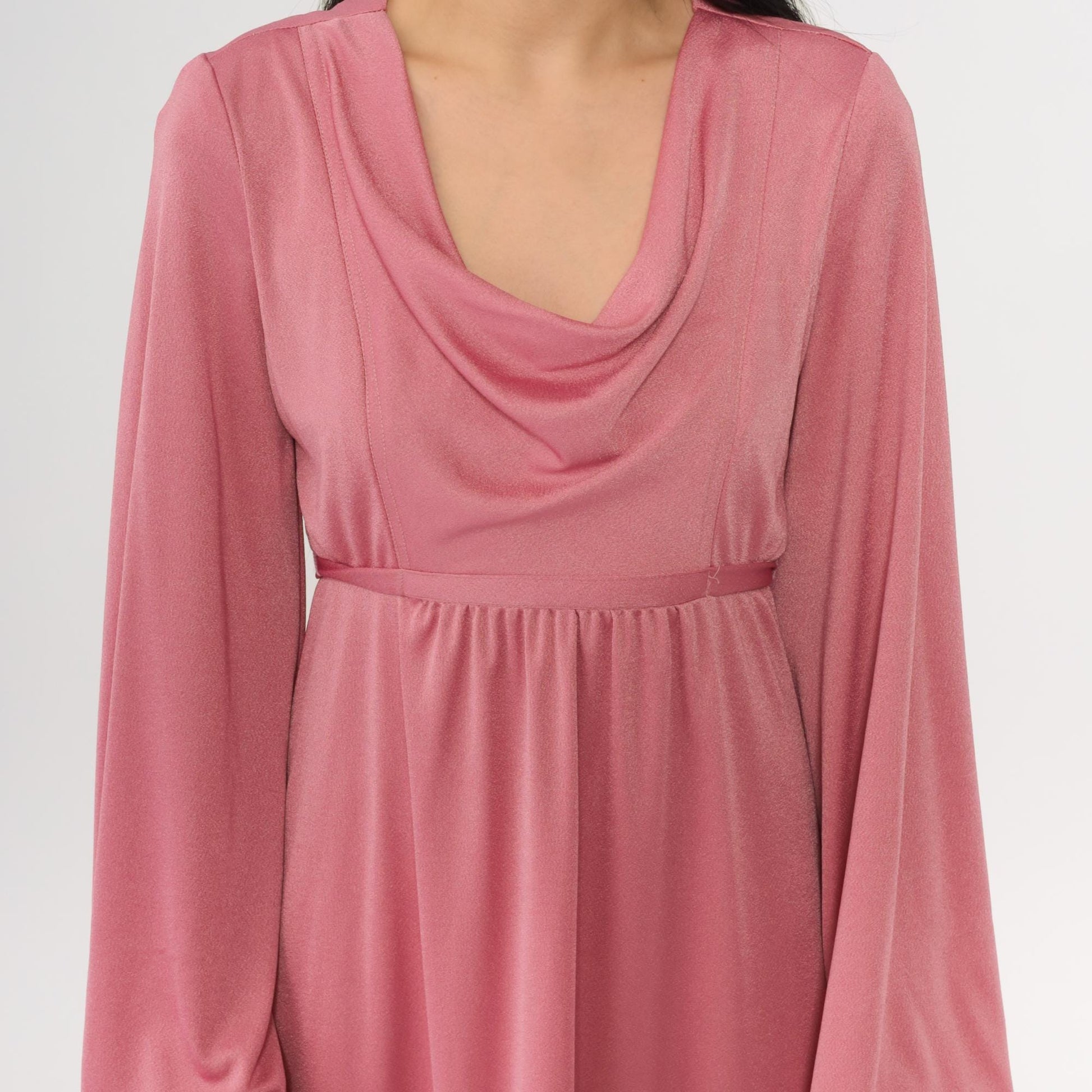 70s Pink Cowl Neck Mini Dress Balloon Sleeve Empire Waist Small