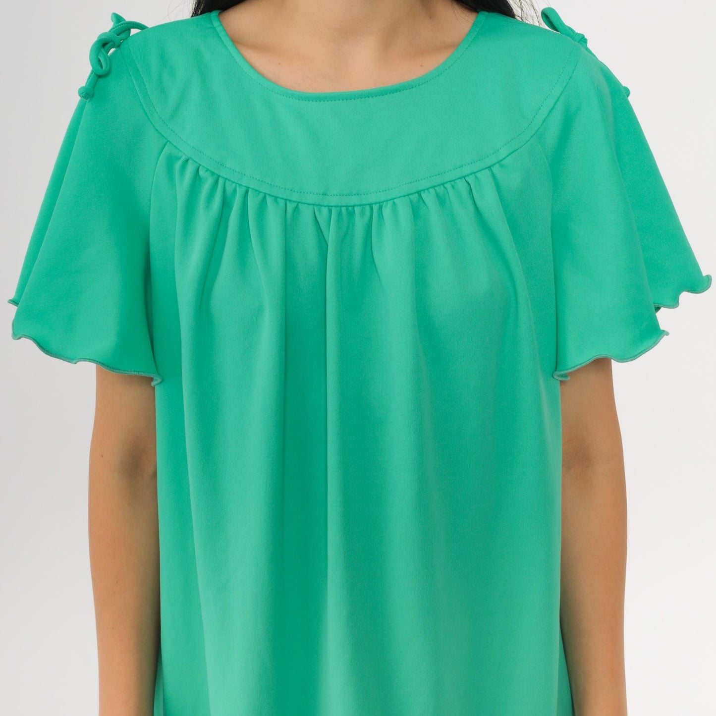 70s Green Flutter Sleeve Mini Dress Tent Cut Lettuce Edge Large L