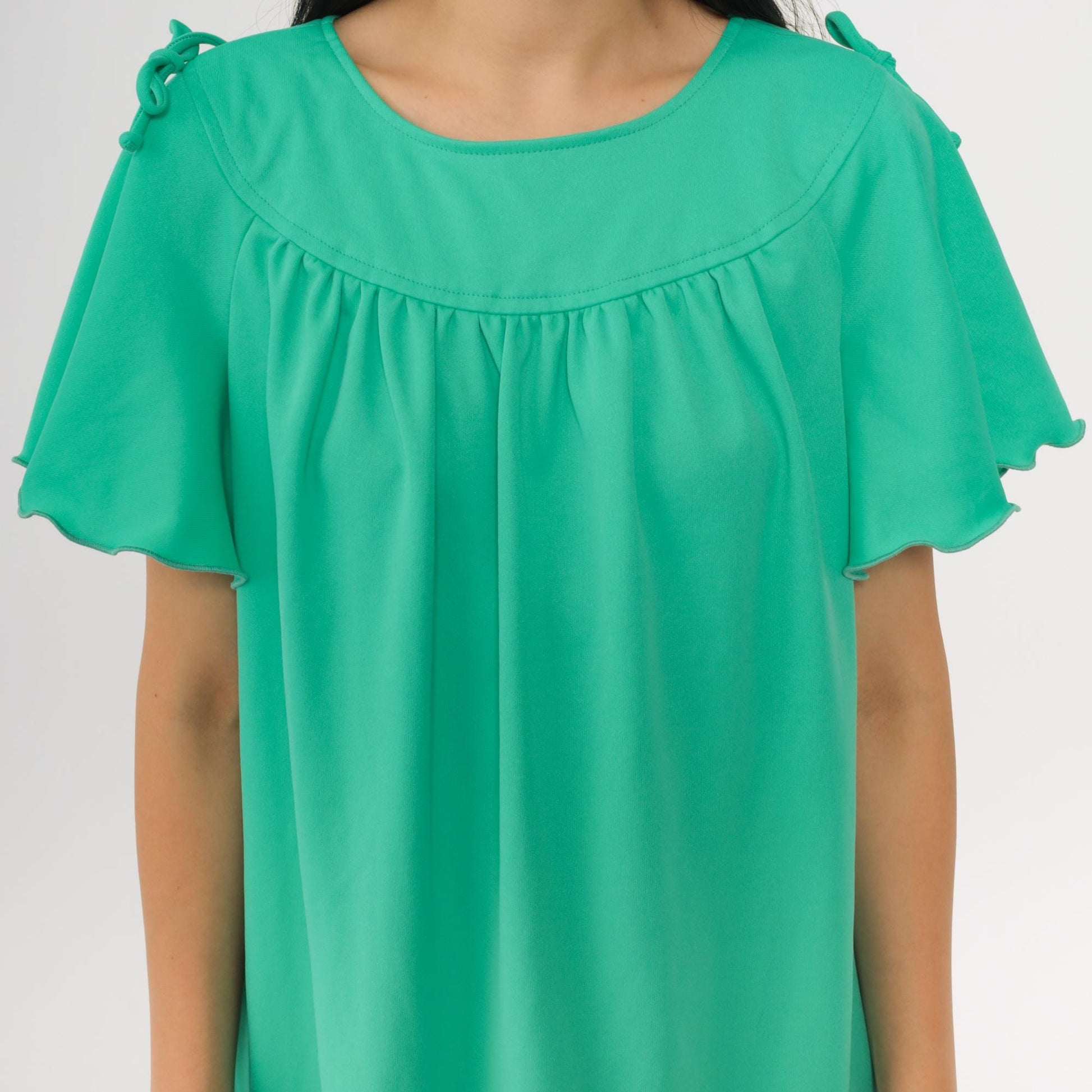 70s Green Flutter Sleeve Mini Dress Tent Cut Lettuce Edge Large L