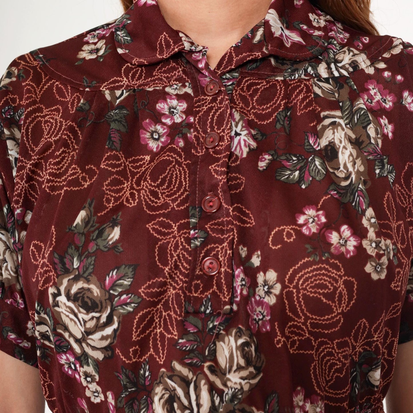 70s Maroon Floral Mini Dress High Waist Puff Sleeve Button Up Small Medium