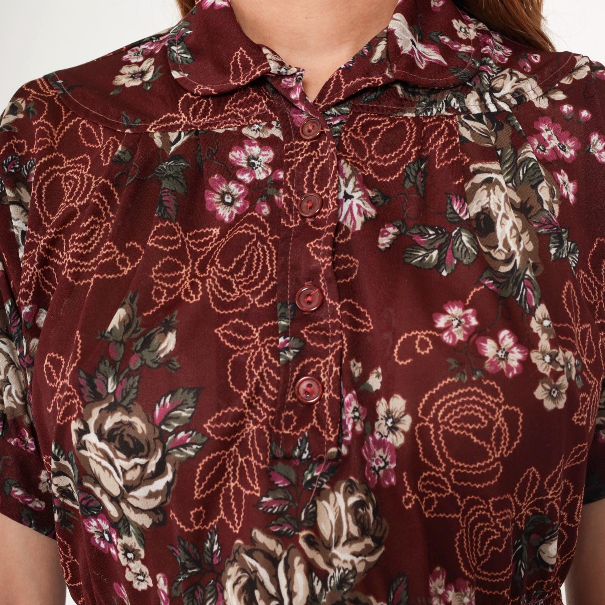 70s Maroon Floral Mini Dress High Waist Puff Sleeve Button Up Small Medium