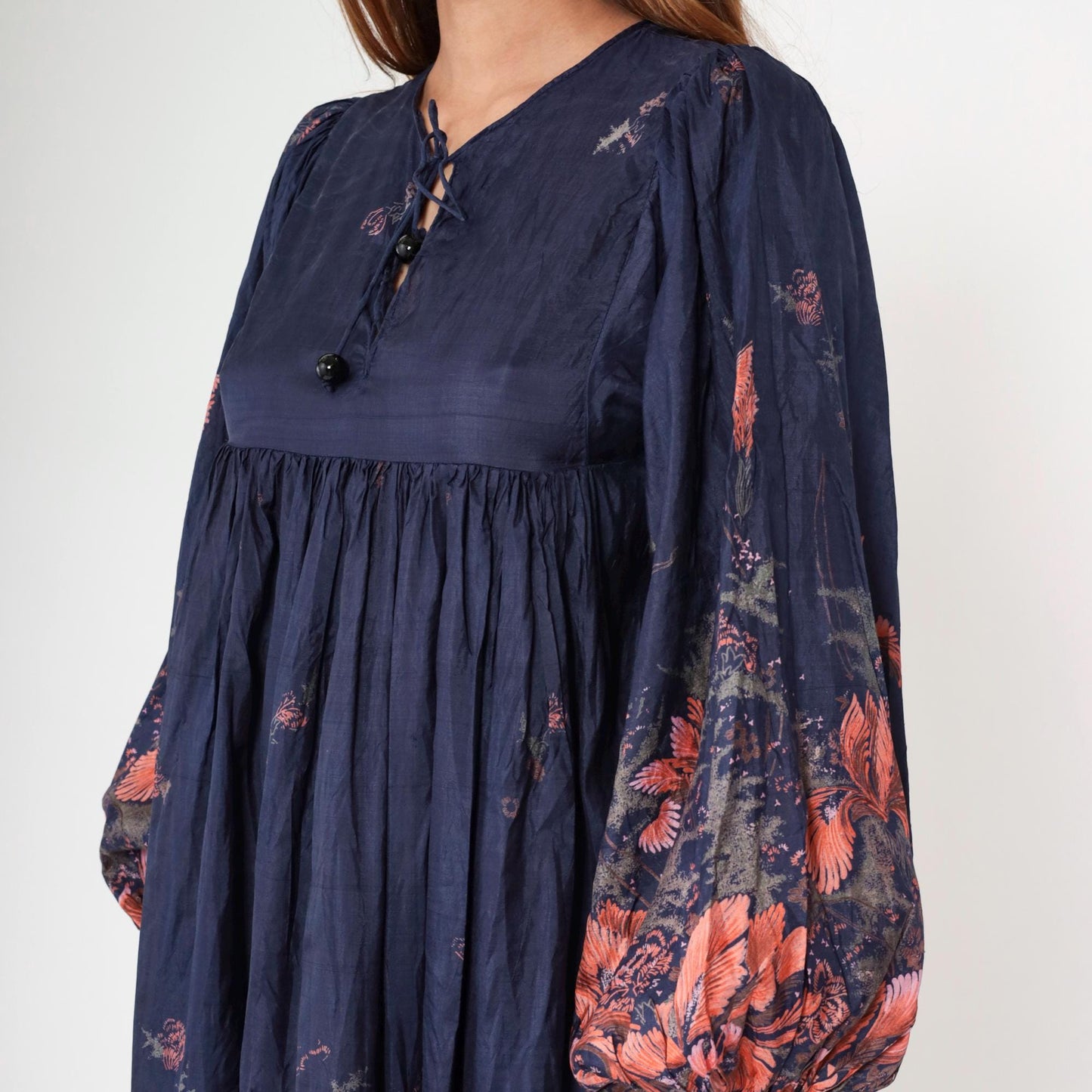70s Phool Silk Dress Navy Blue Floral Block Print Empire Waist Midi Small