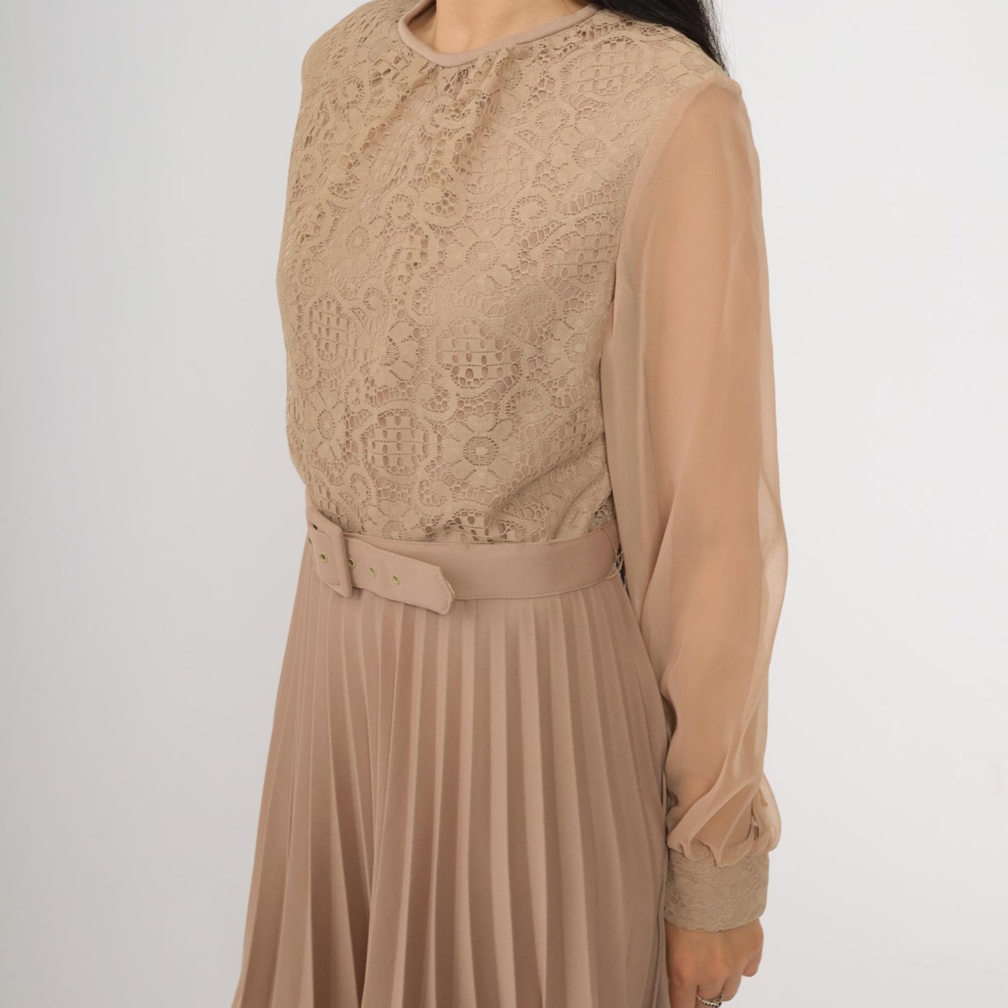 70s Taupe Lace Crochet Mini Dress High Waist Pleated Chiffon Sleeve Small