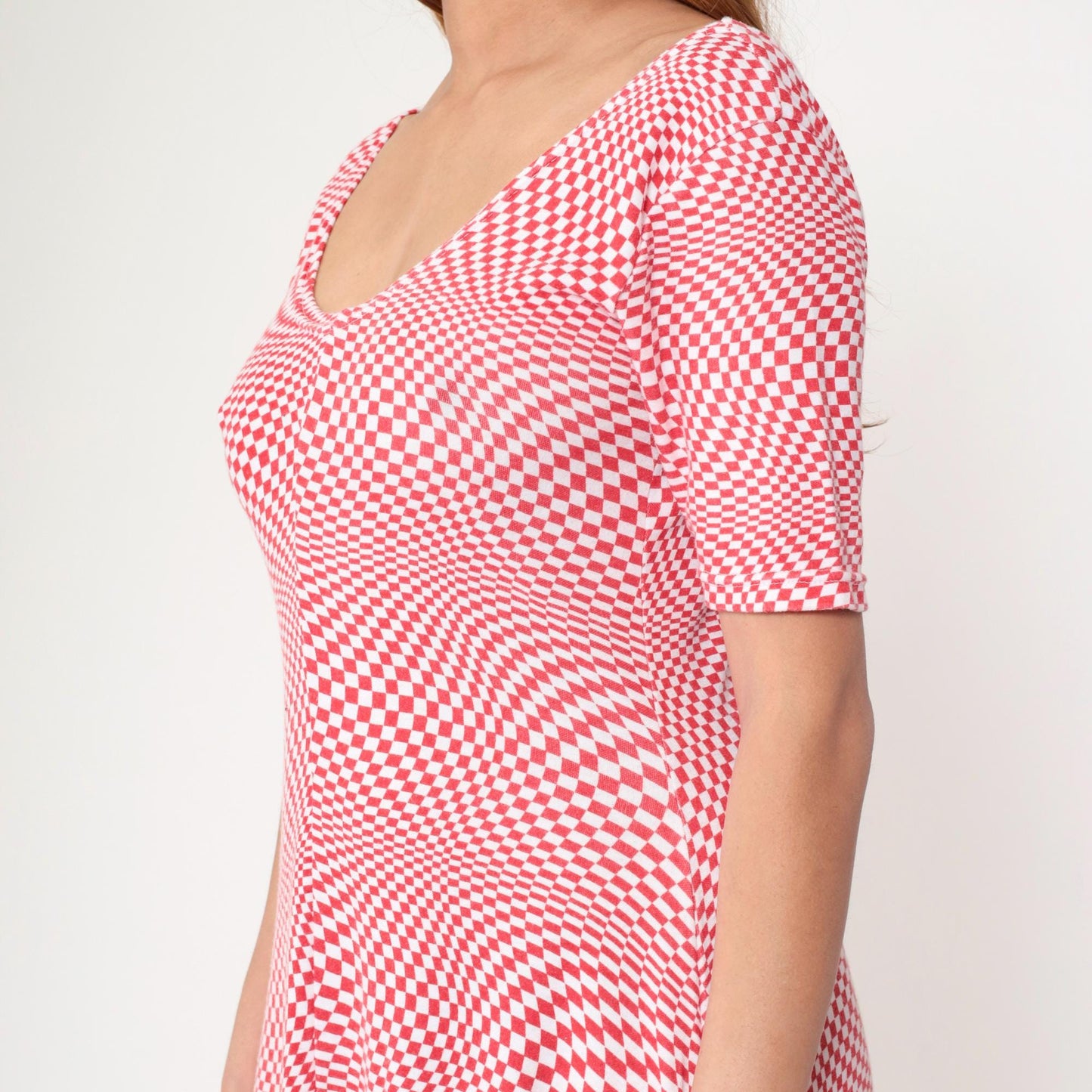 80s Op Art Red White Checkered Midi Dress Scoop Neck Fit Flare Medium Large