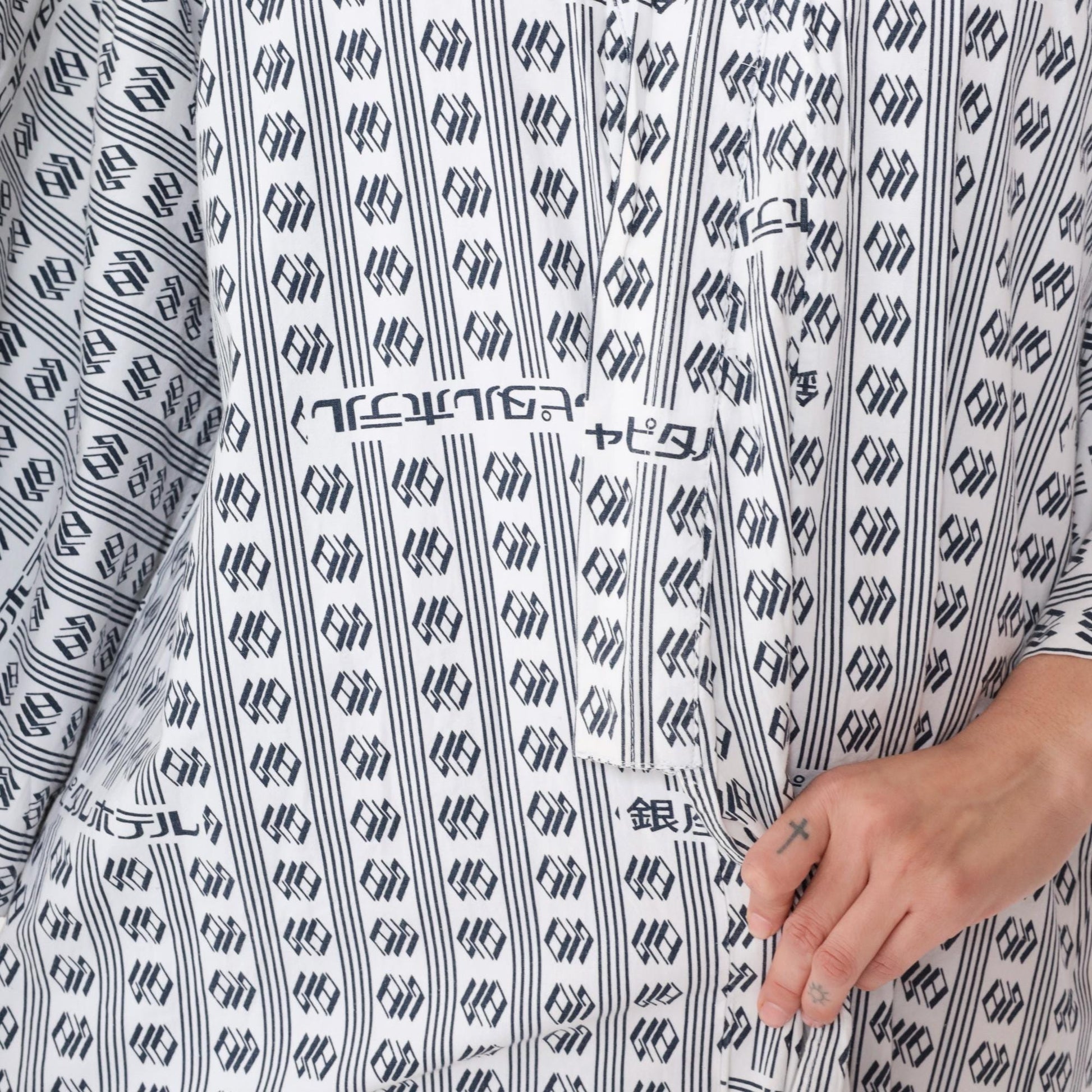 80s Japanese Yukata Robe Hotel Logo Print Blue White Geometric Maxi One Size