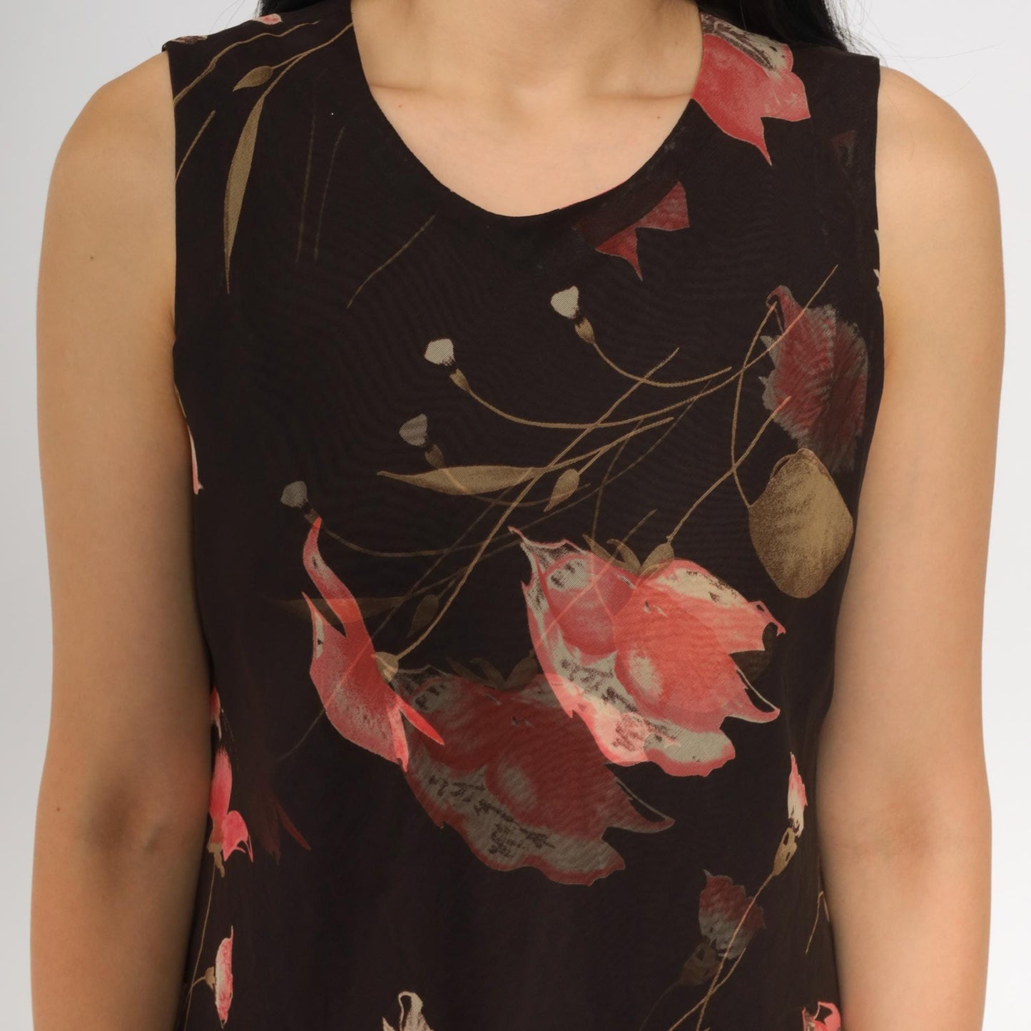 90s Jessica Howard Brown Floral Chiffon Midi Dress Sleeveless Medium M