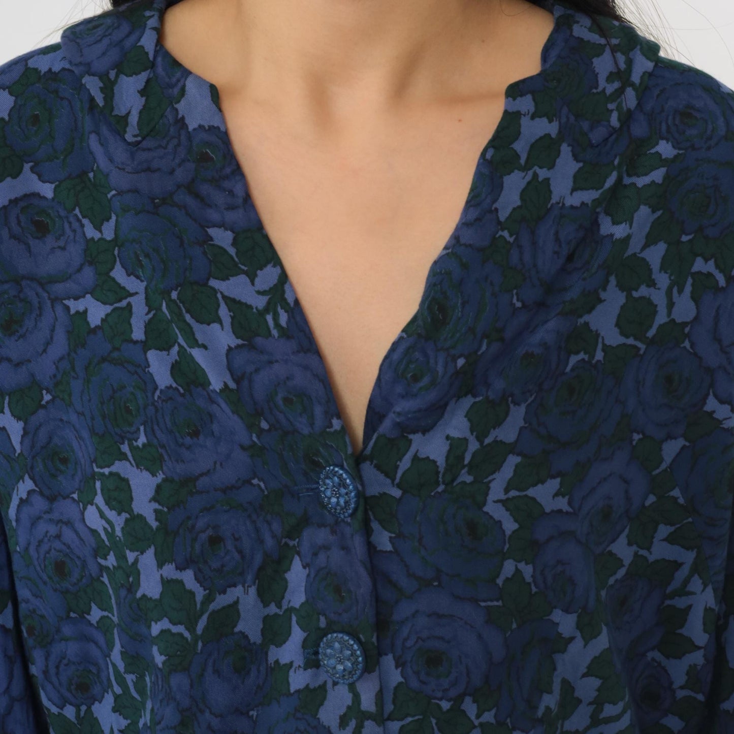 60s Floral Cropped Blouse Dark Blue Button-Up Collar Shirt 3/4 Sleeve Medium M