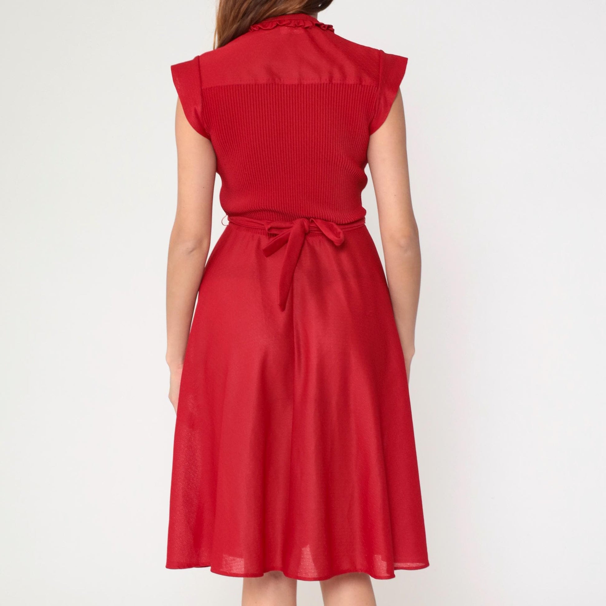 70s Red Keyhole Midi Dress Cap Sleeve High Waisted Pleated Extra Small