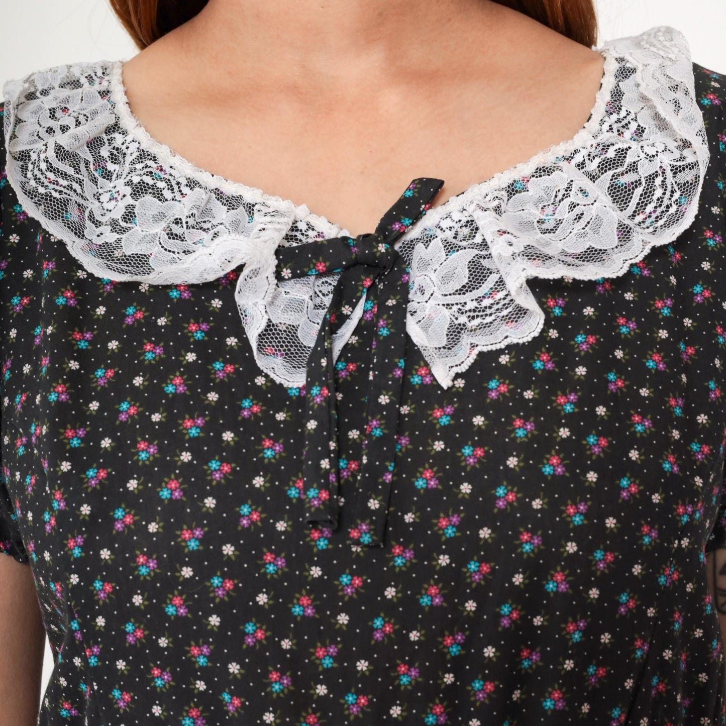 70s Black Calico Floral Prairie Dress Puff Sleeve High Waist Mini Small Medium