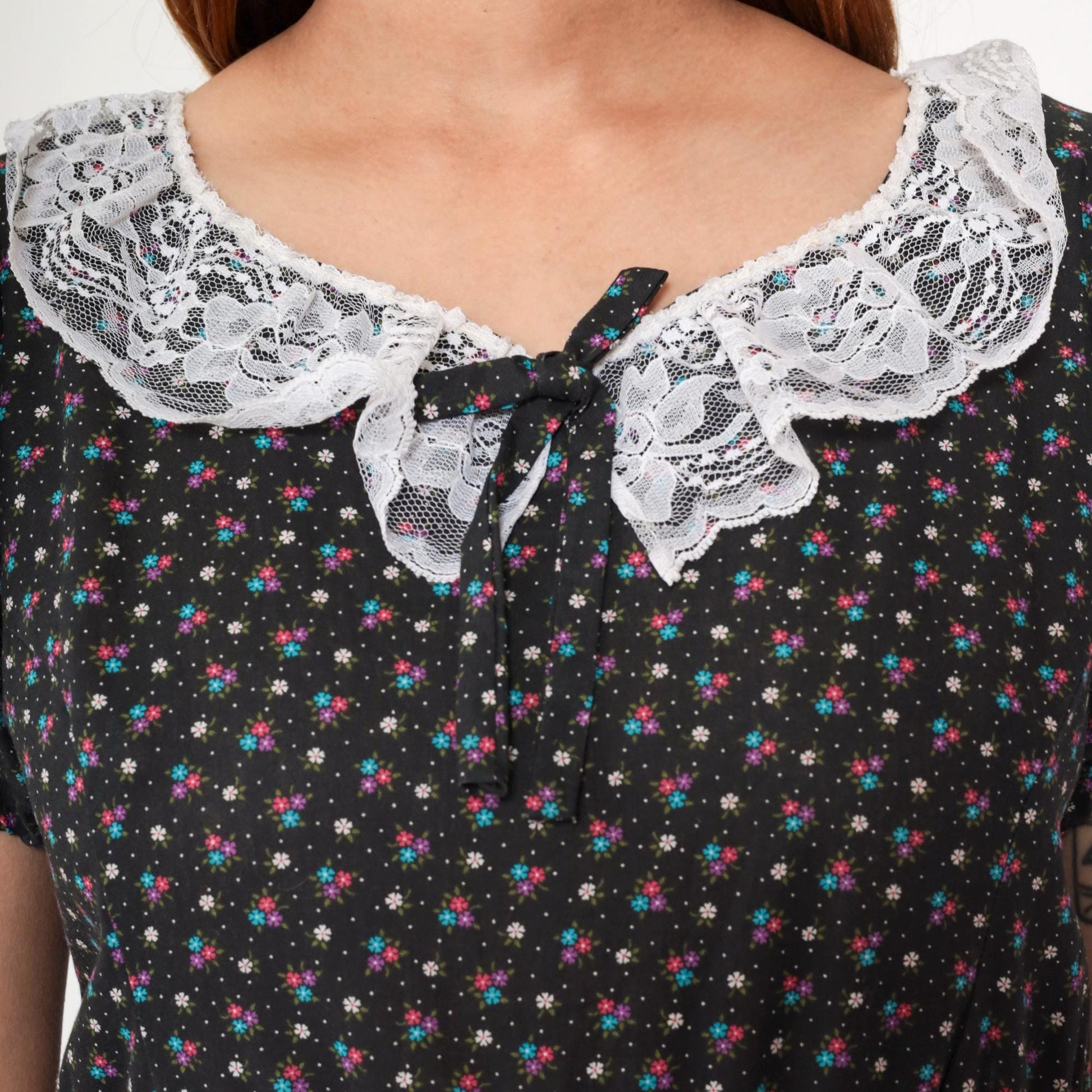 70s Black Calico Floral Prairie Dress Puff Sleeve High Waist Mini Small Medium