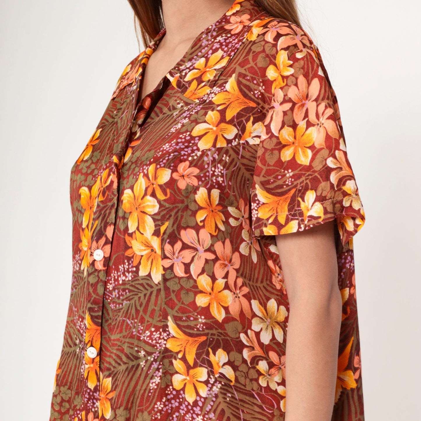 70s Floral Hawaiian Shift Dress Orange Tropical Button-Up Midi Extra Large