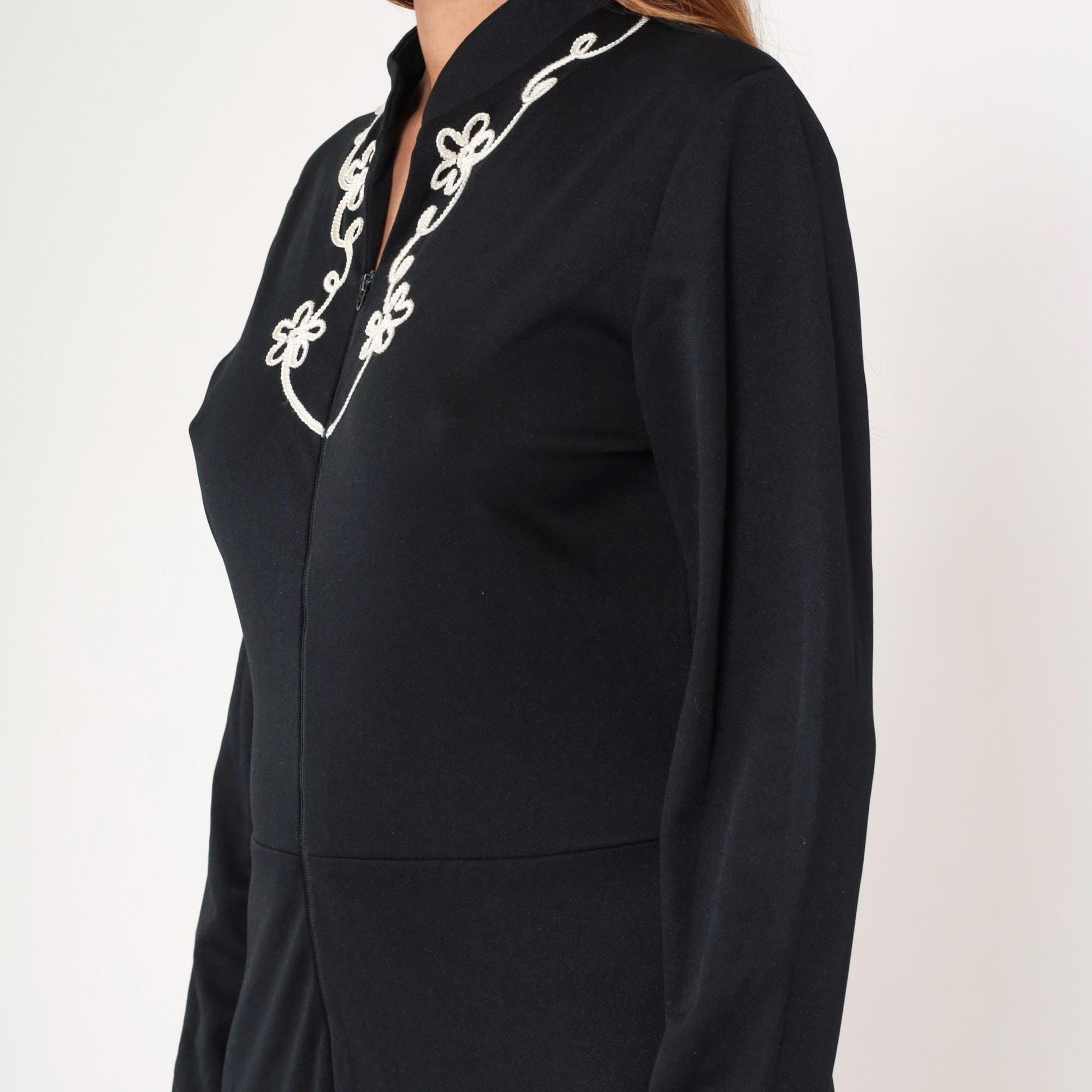 70s Black Jumpsuit White Floral Soutache Trim Straight Leg Long Sleeve Medium Large