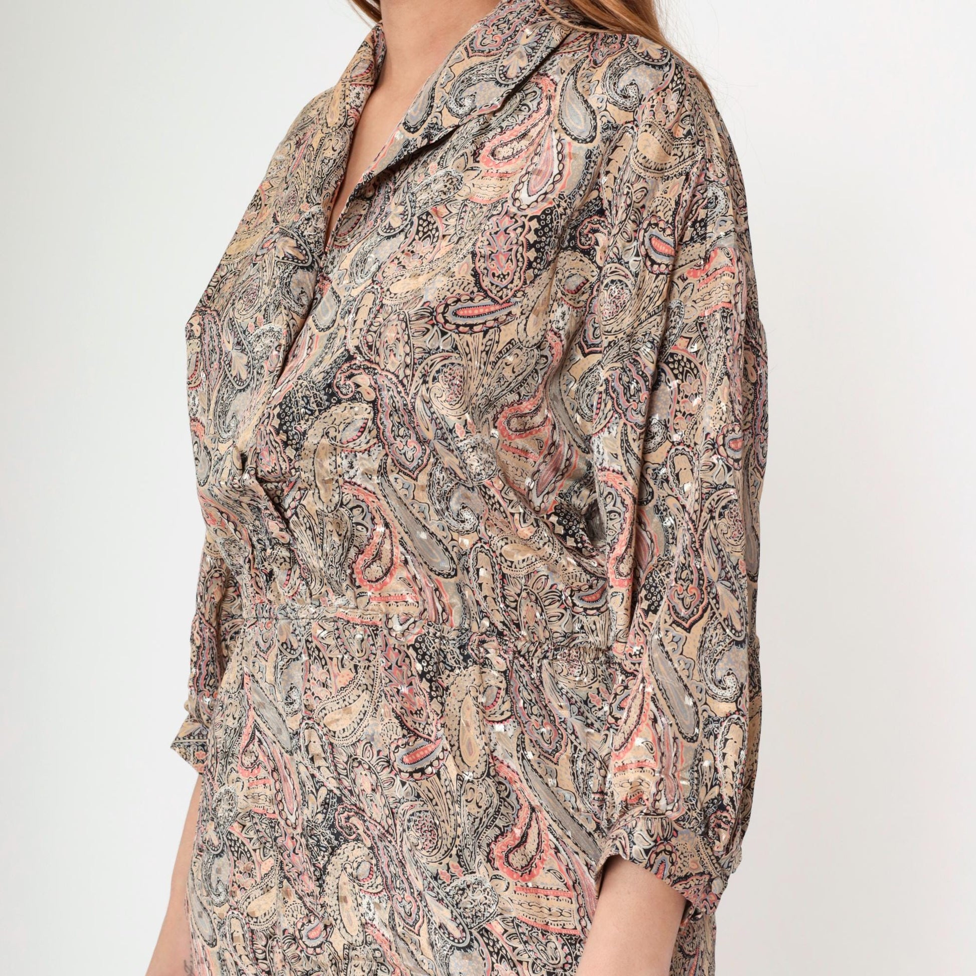 80s The Jones Girl Paisley Midi Dress High Waist Button Up Beige Medium